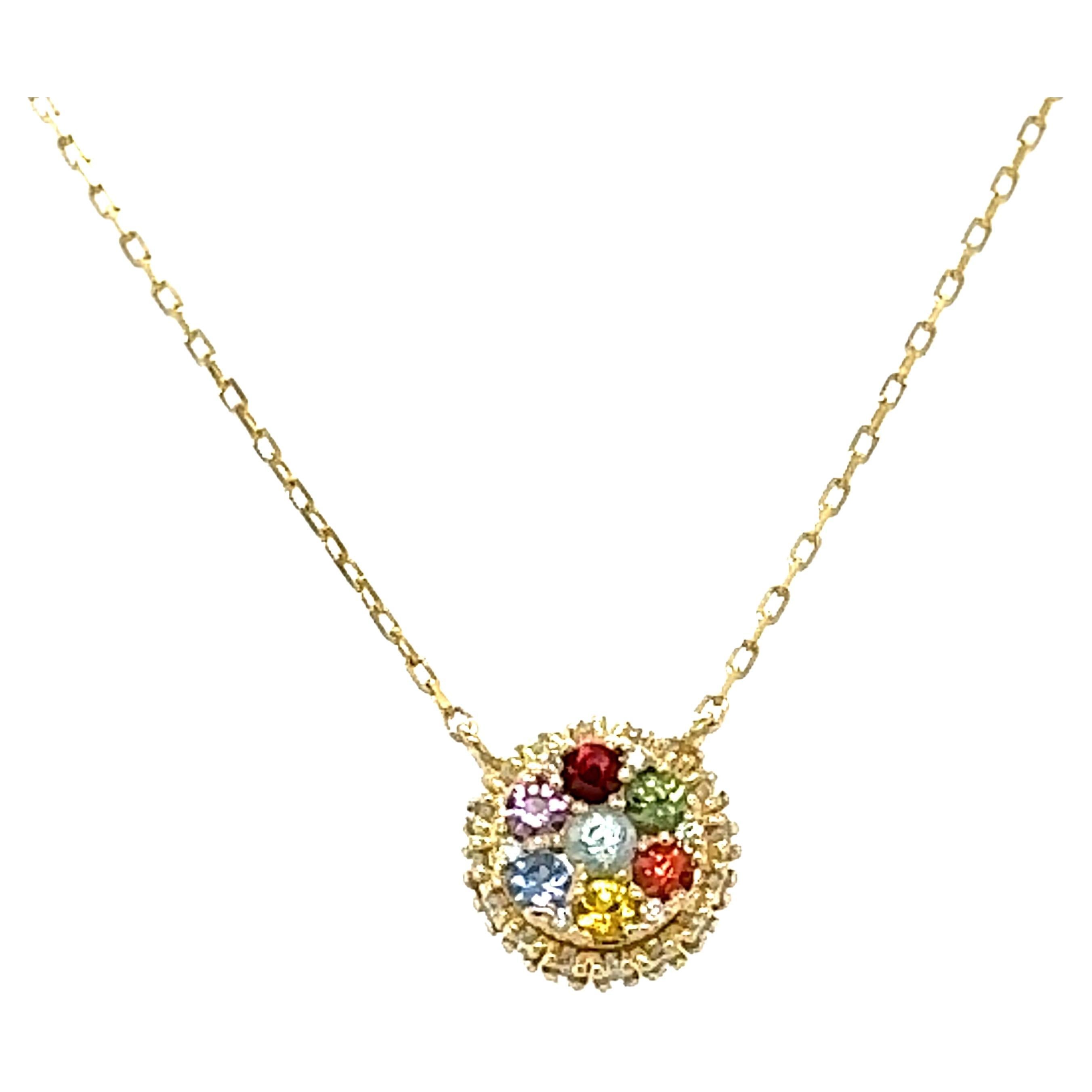 1.09 Carat Multicolor Sapphire and Diamond Yellow Gold Chain Pendant For Sale