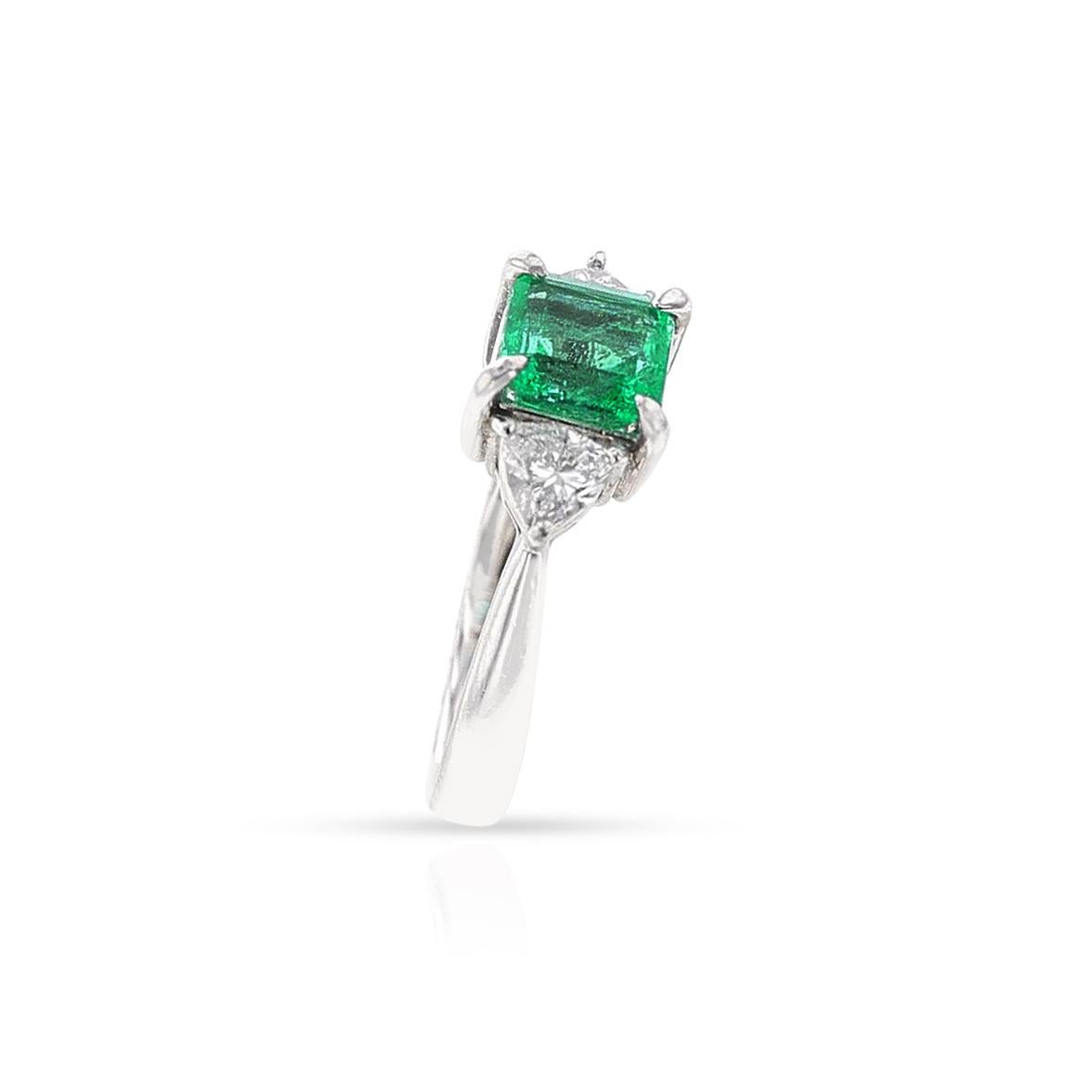 Square Cut 1.09 Carat Natural Square-Cut Emerald Three-Stone Ring, Platinum For Sale