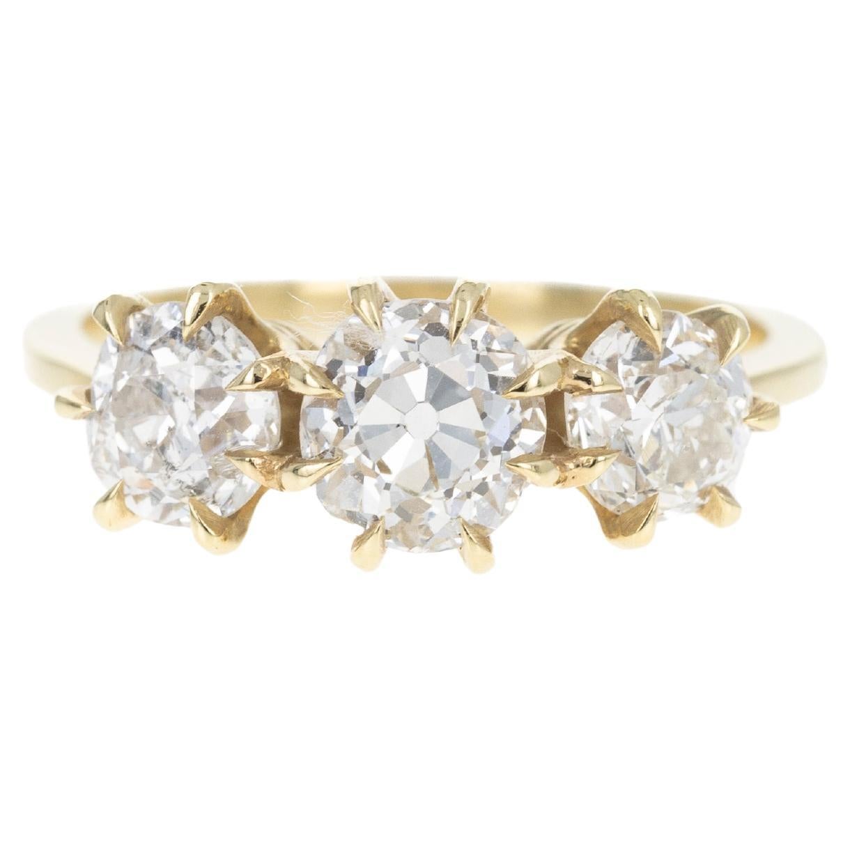1.09 Carat Old European Diamond Three Stone Engagement Ring For Sale