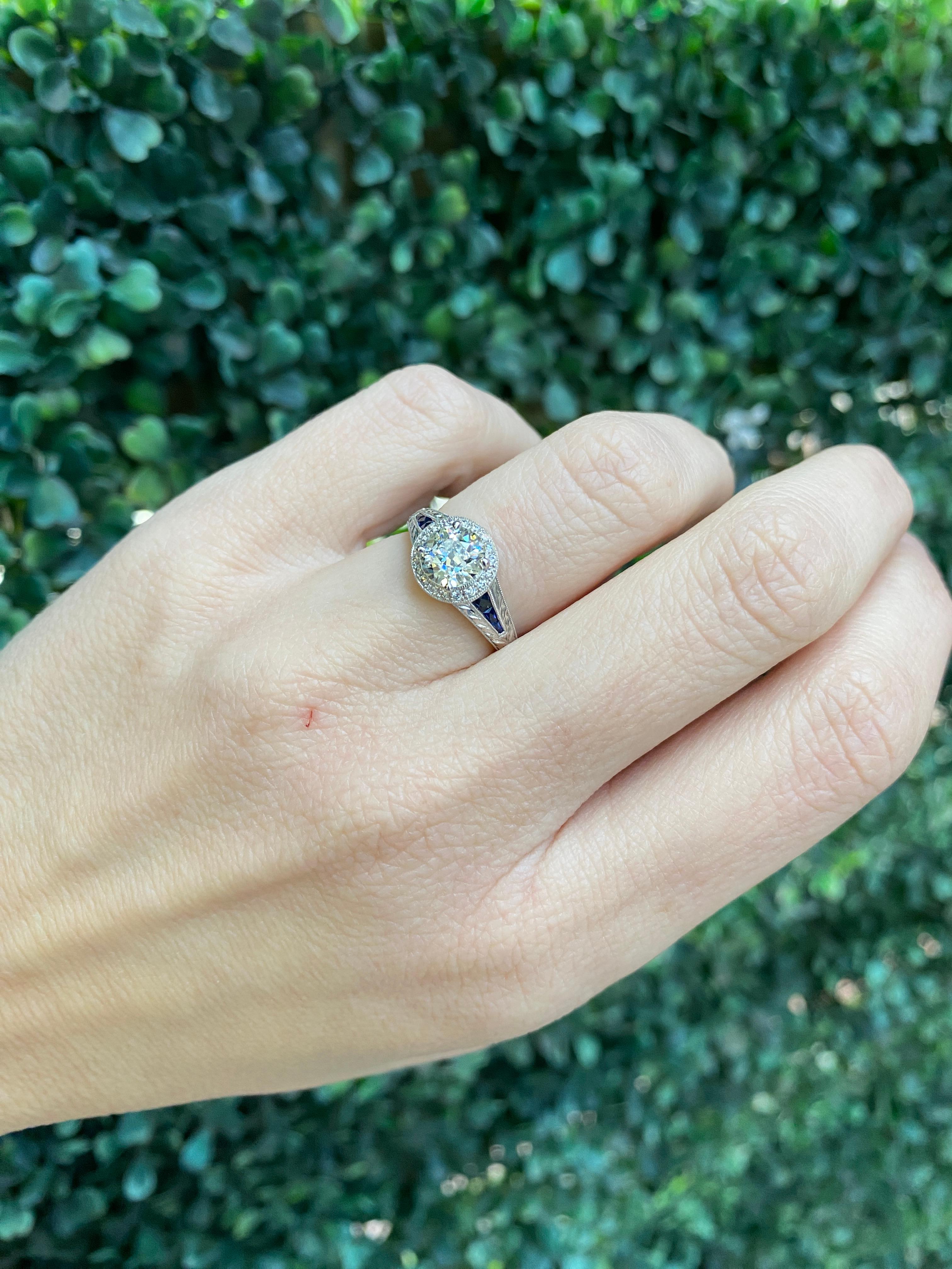 1.09 Carat Old Mine Cut Diamond with 0.22 Carat Sapphire Vintage Inspired Ring For Sale 7