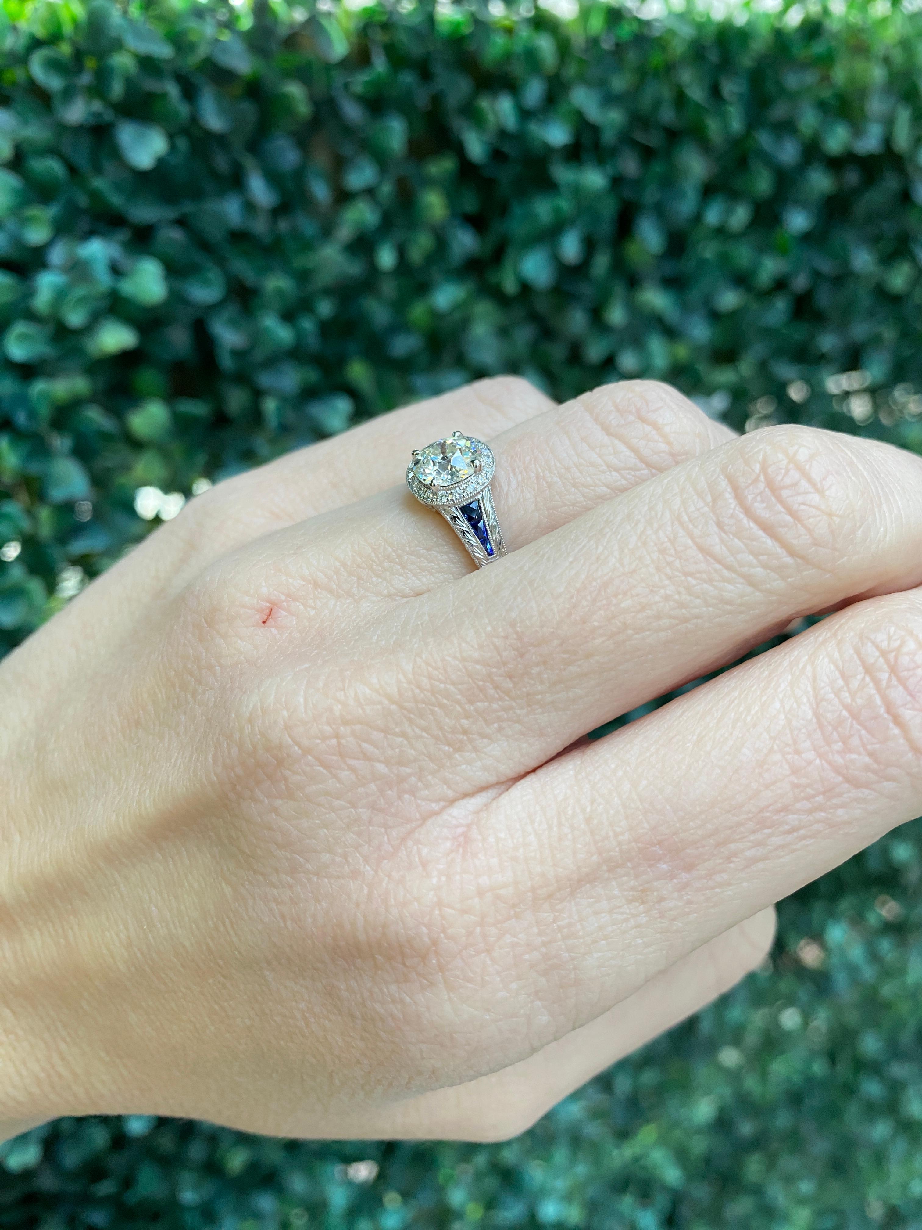 1.09 Carat Old Mine Cut Diamond with 0.22 Carat Sapphire Vintage Inspired Ring For Sale 8