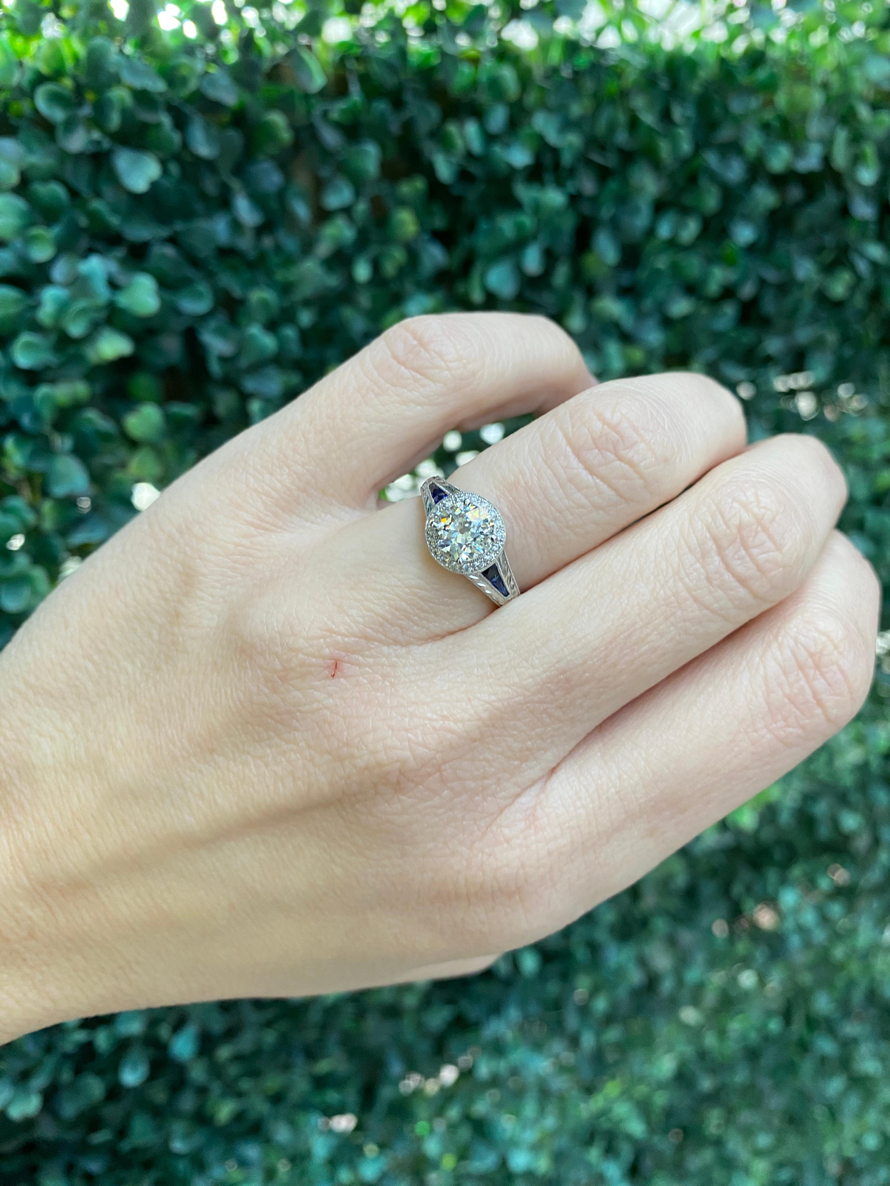 1.09 Carat Old Mine Cut Diamond with 0.22 Carat Sapphire Vintage Inspired Ring For Sale 9