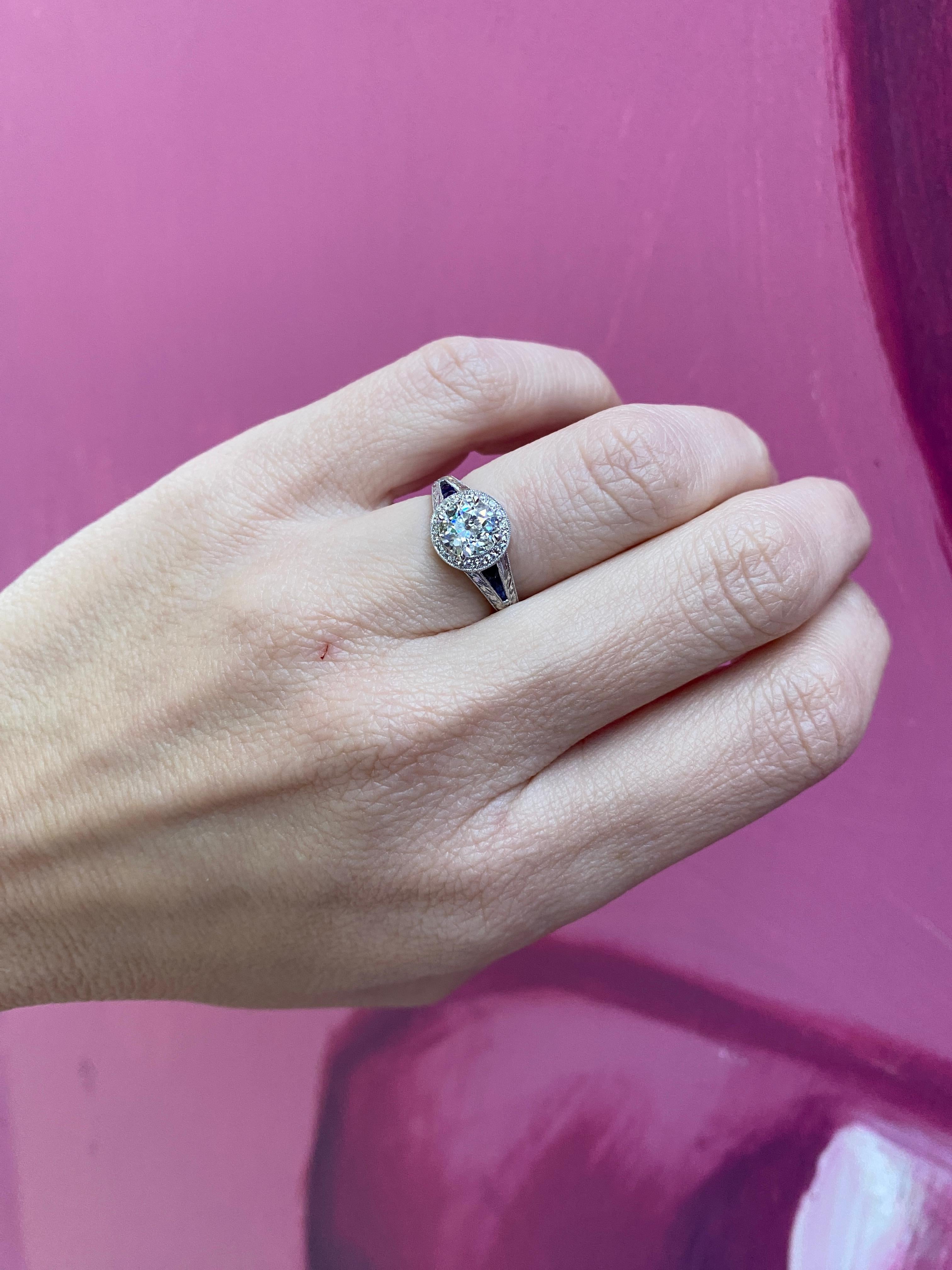 1.09 Carat Old Mine Cut Diamond with 0.22 Carat Sapphire Vintage Inspired Ring For Sale 10