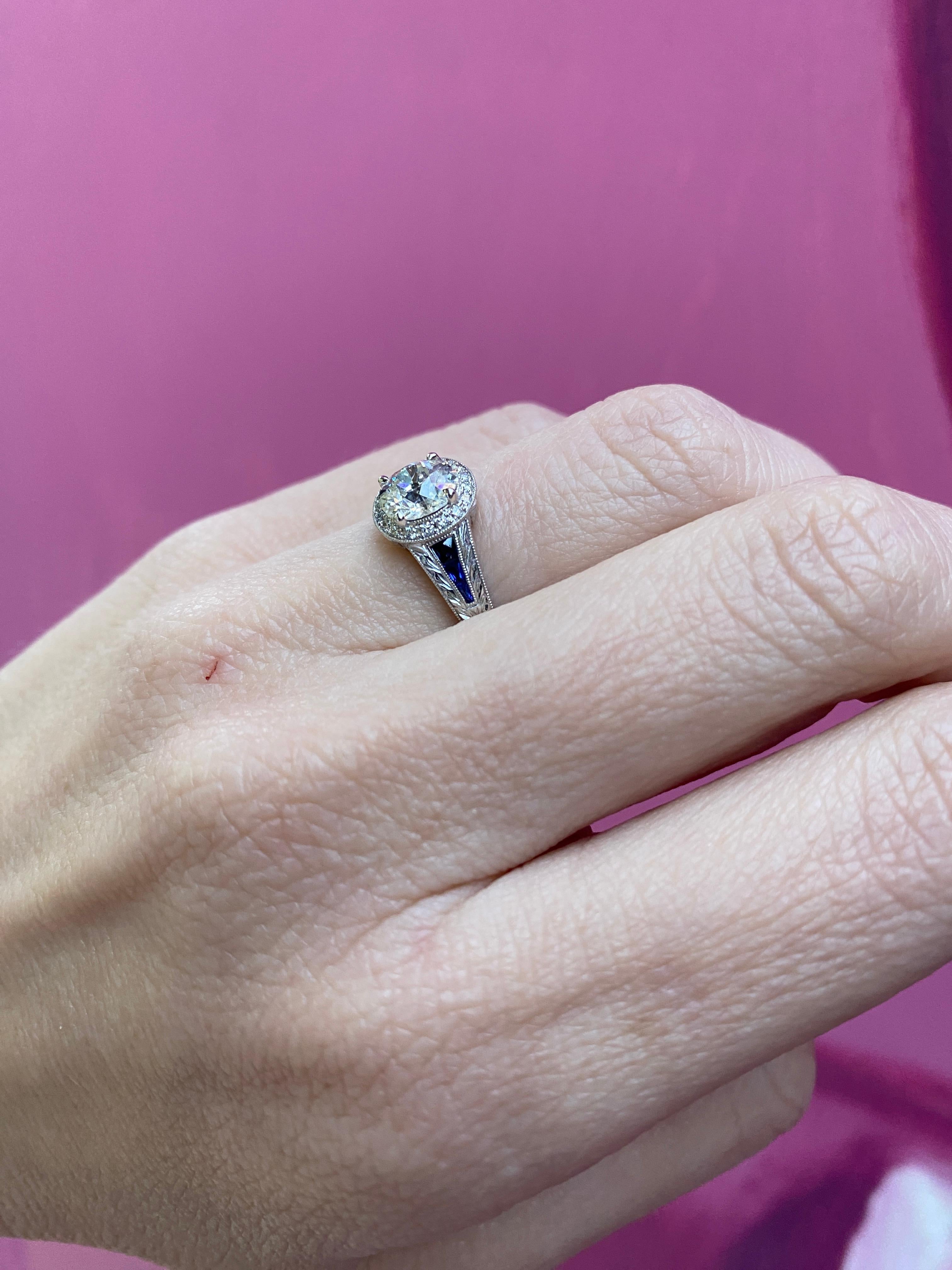 1.09 Carat Old Mine Cut Diamond with 0.22 Carat Sapphire Vintage Inspired Ring For Sale 11