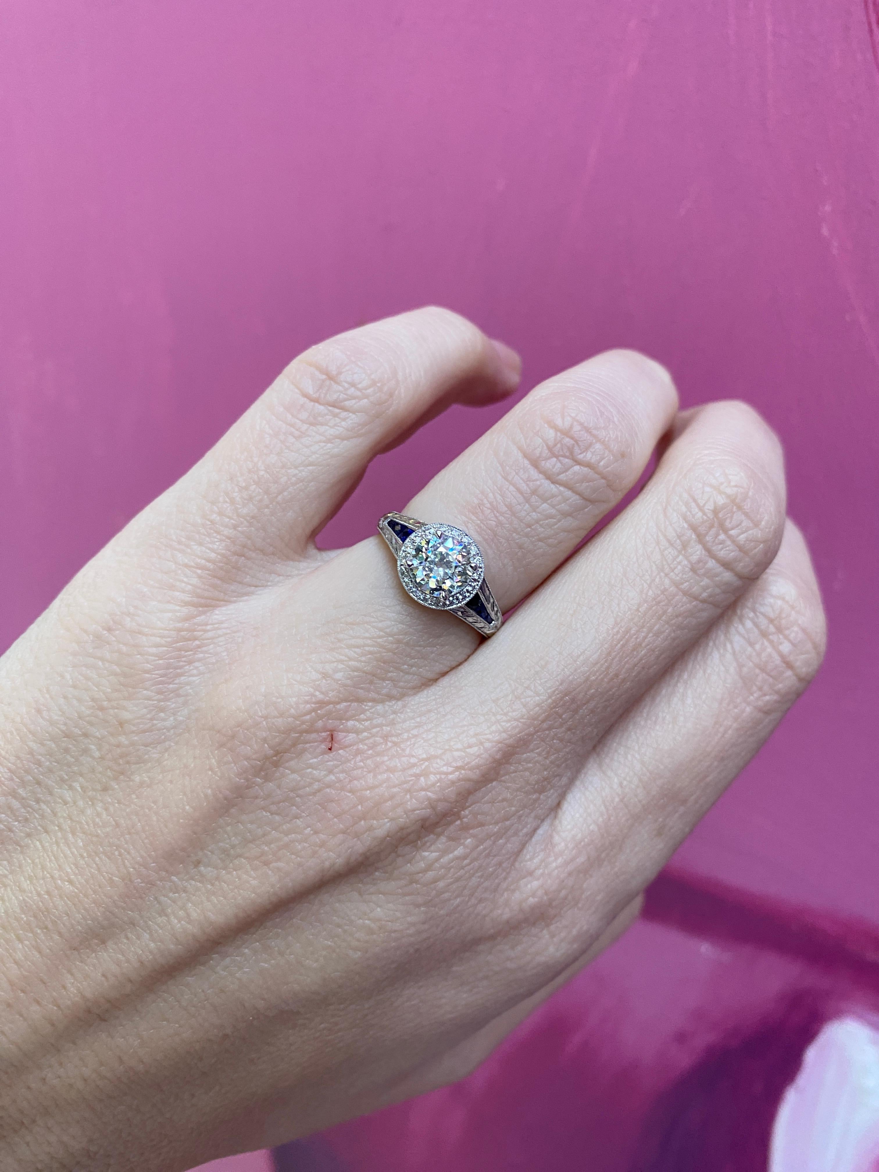 1.09 Carat Old Mine Cut Diamond with 0.22 Carat Sapphire Vintage Inspired Ring For Sale 12