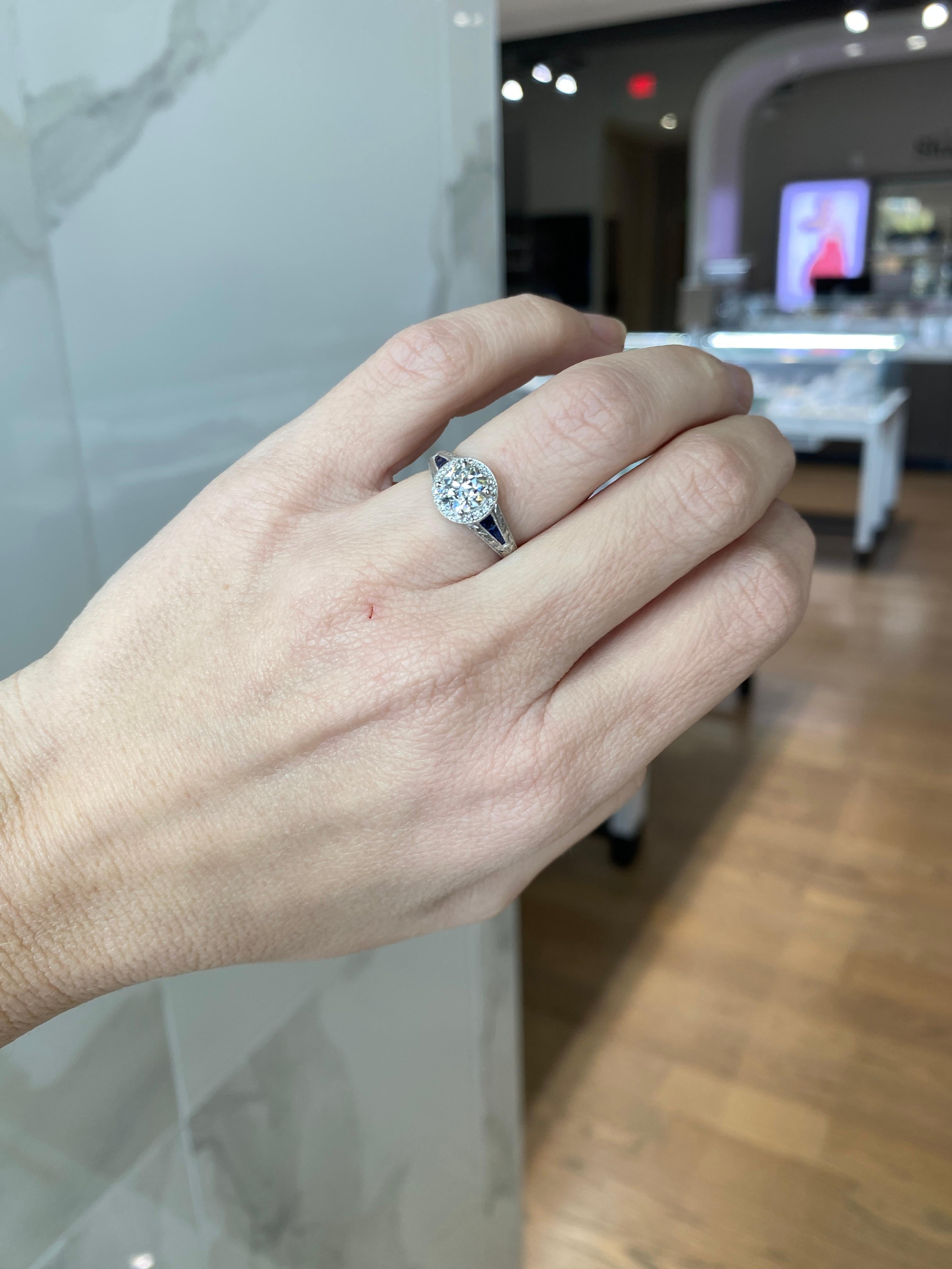 1.09 Carat Old Mine Cut Diamond with 0.22 Carat Sapphire Vintage Inspired Ring For Sale 13