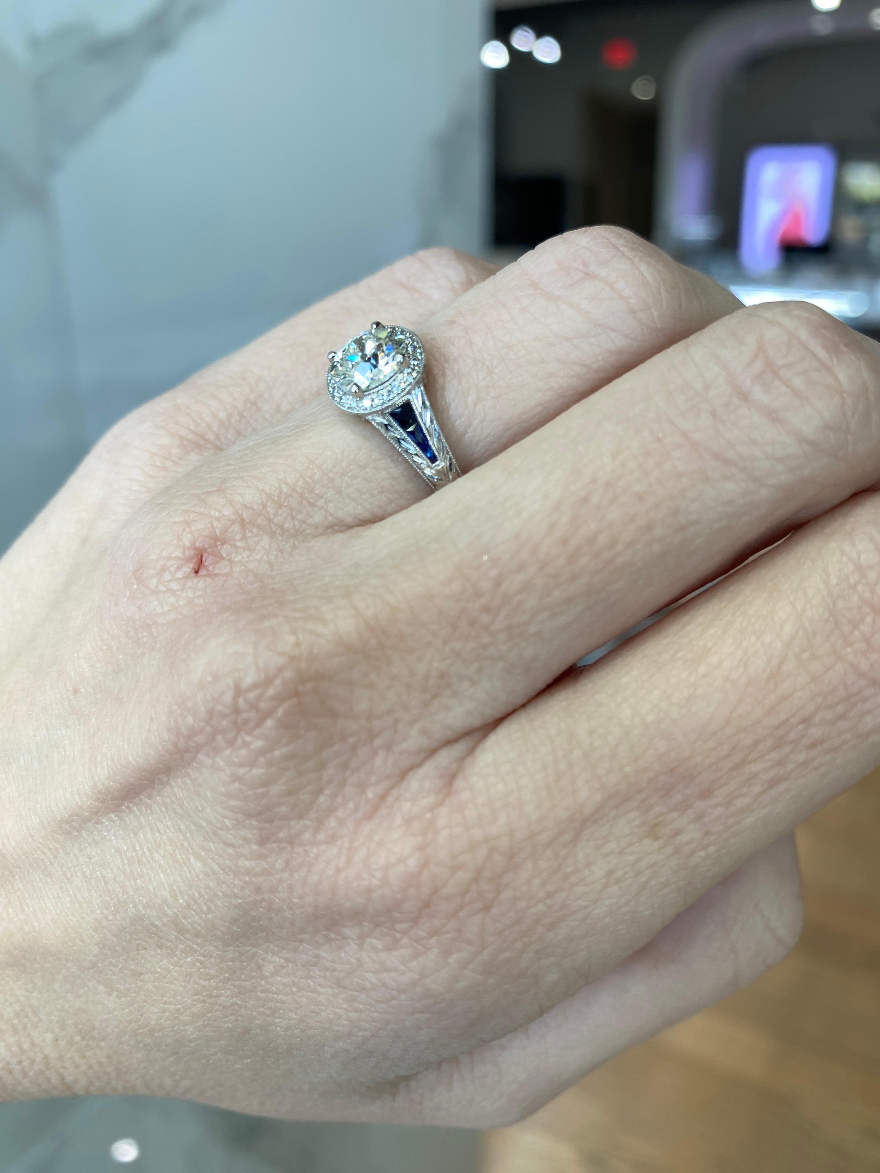 1.09 Carat Old Mine Cut Diamond with 0.22 Carat Sapphire Vintage Inspired Ring For Sale 14
