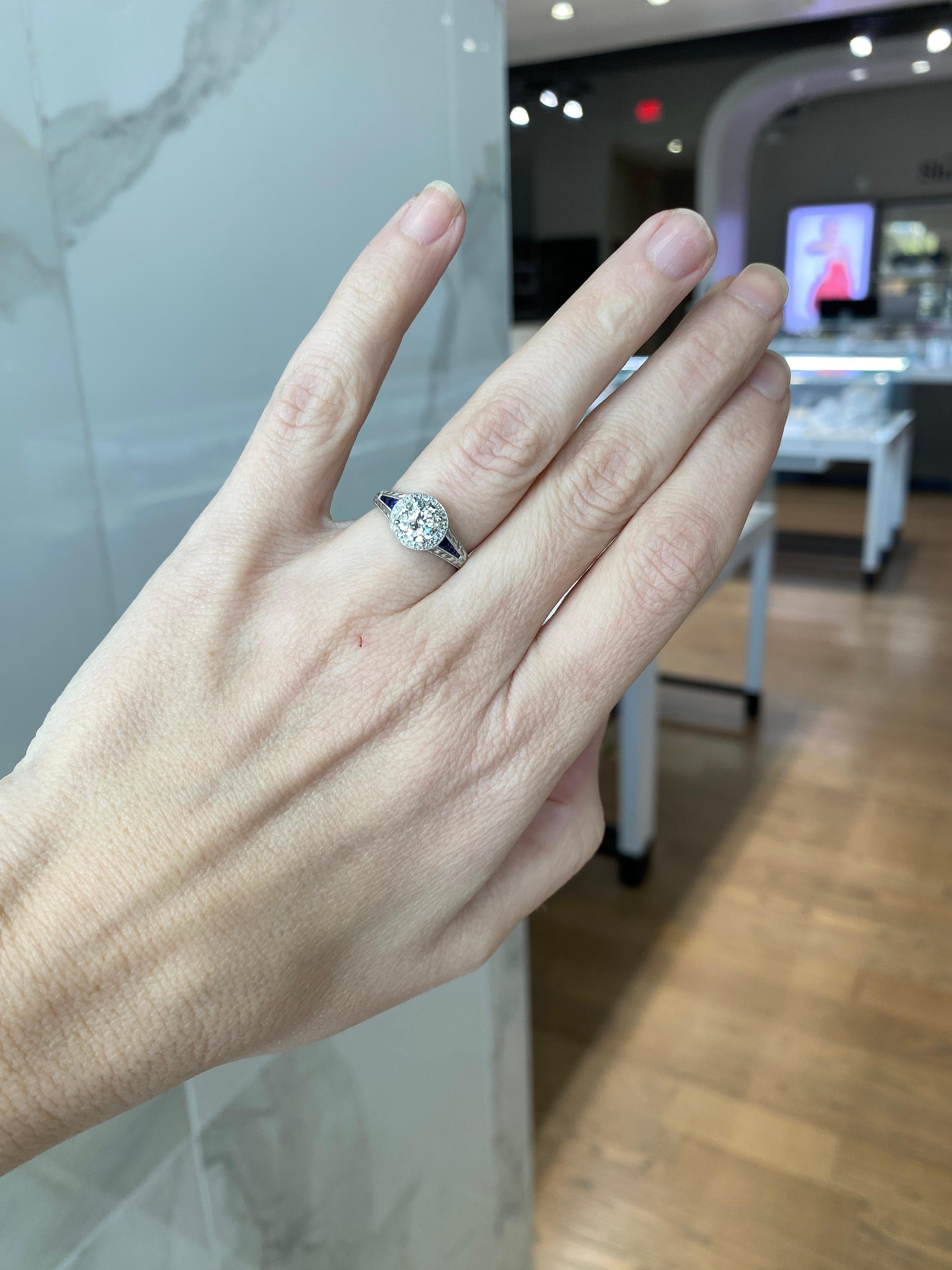 1.09 Carat Old Mine Cut Diamond with 0.22 Carat Sapphire Vintage Inspired Ring For Sale 15