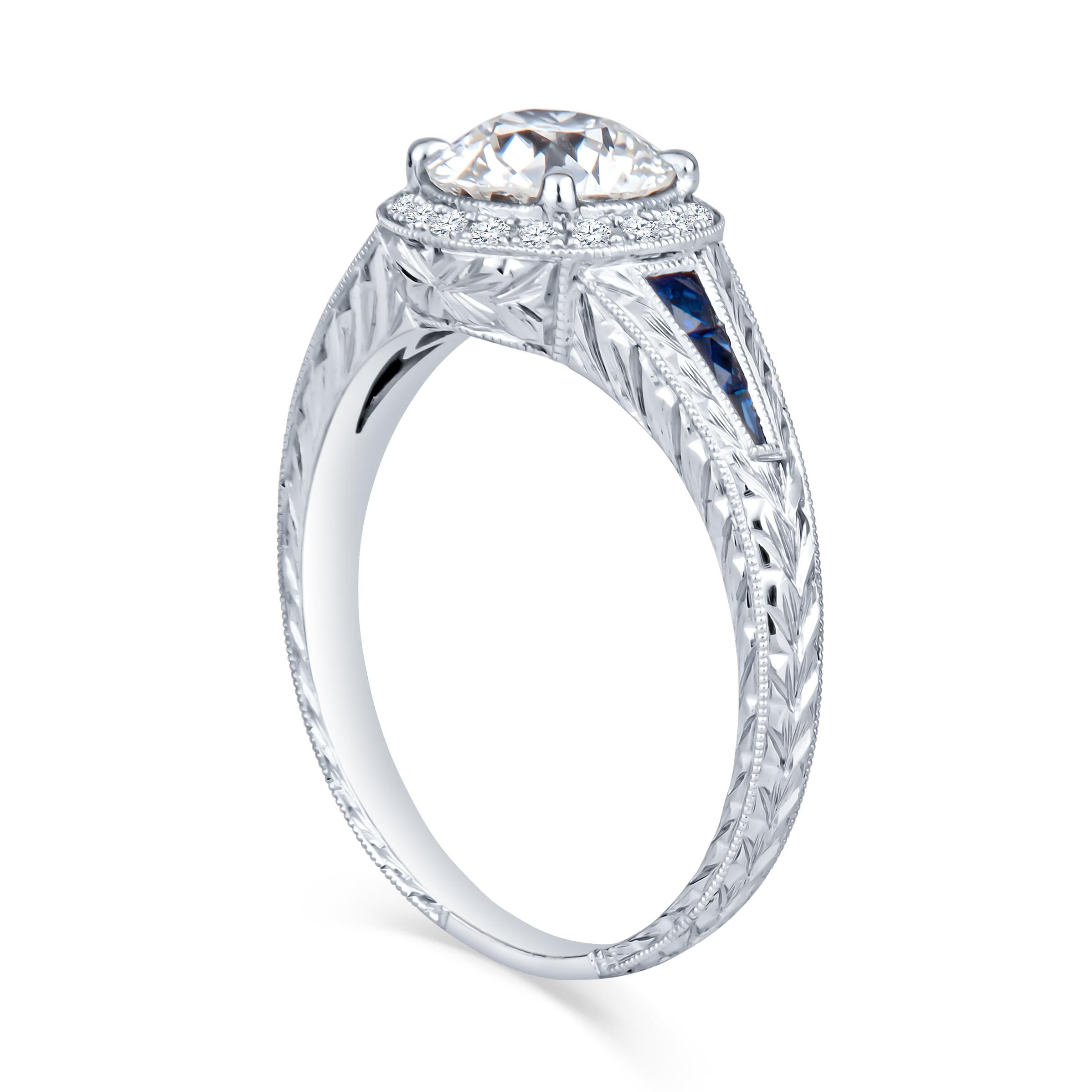 1,09 Karat Diamant im Altminenschliff mit 0,22 Karat Saphir Vintage inspirierter Ring (Alteuropäischer Brillantschliff) im Angebot