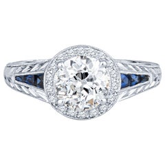 1.09 Carat Old Mine Cut Diamond with 0.22 Carat Sapphire Vintage Inspired Ring