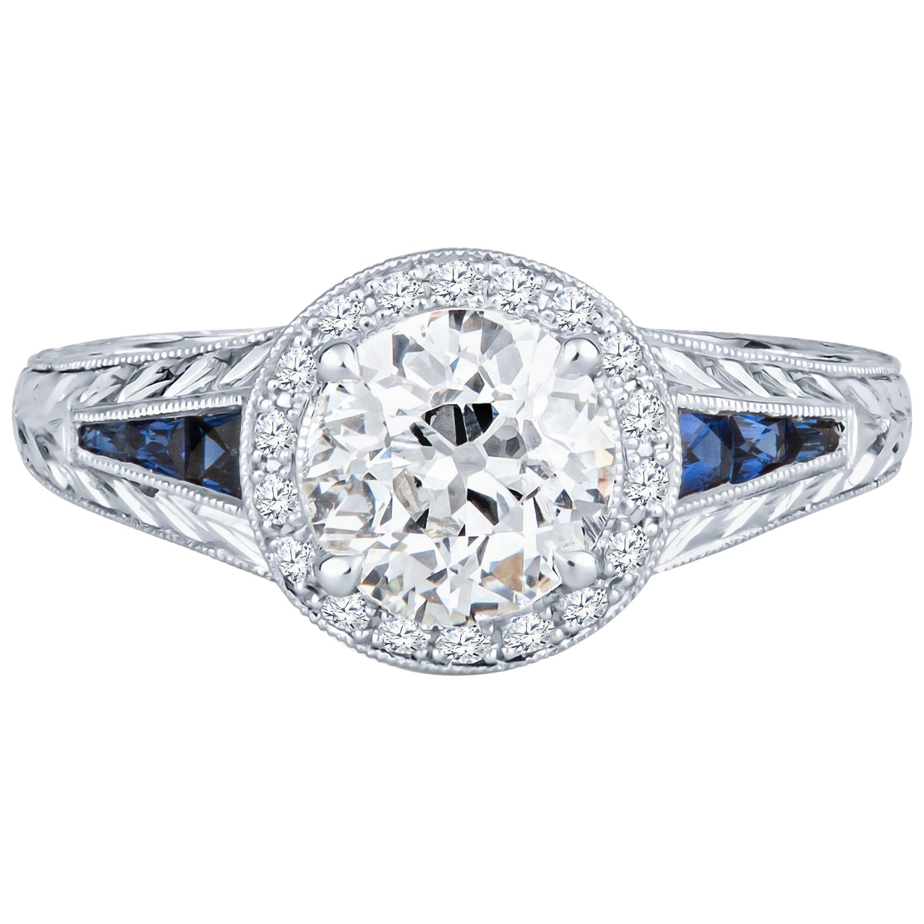 1.09 Carat Old Mine Cut Diamond with 0.22 Carat Sapphire Vintage Inspired Ring For Sale