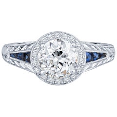 1.09 Carat Old Mine Cut Diamond with 0.22 Carat Sapphire Vintage Inspired Ring