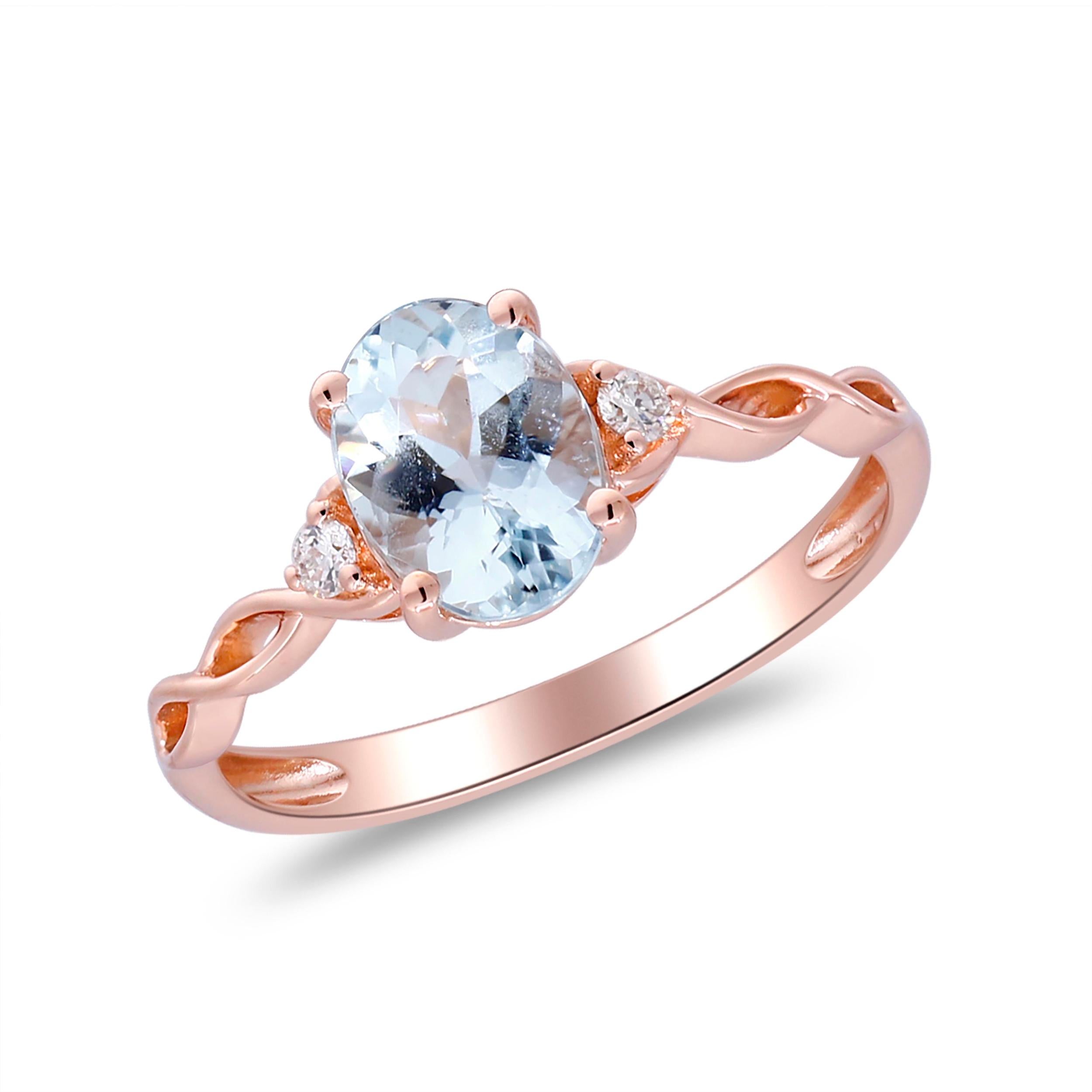 Art Deco 1.09 Carat Oval-Cut Aquamarine with Diamond Accents 14K Rose Gold Ring For Sale