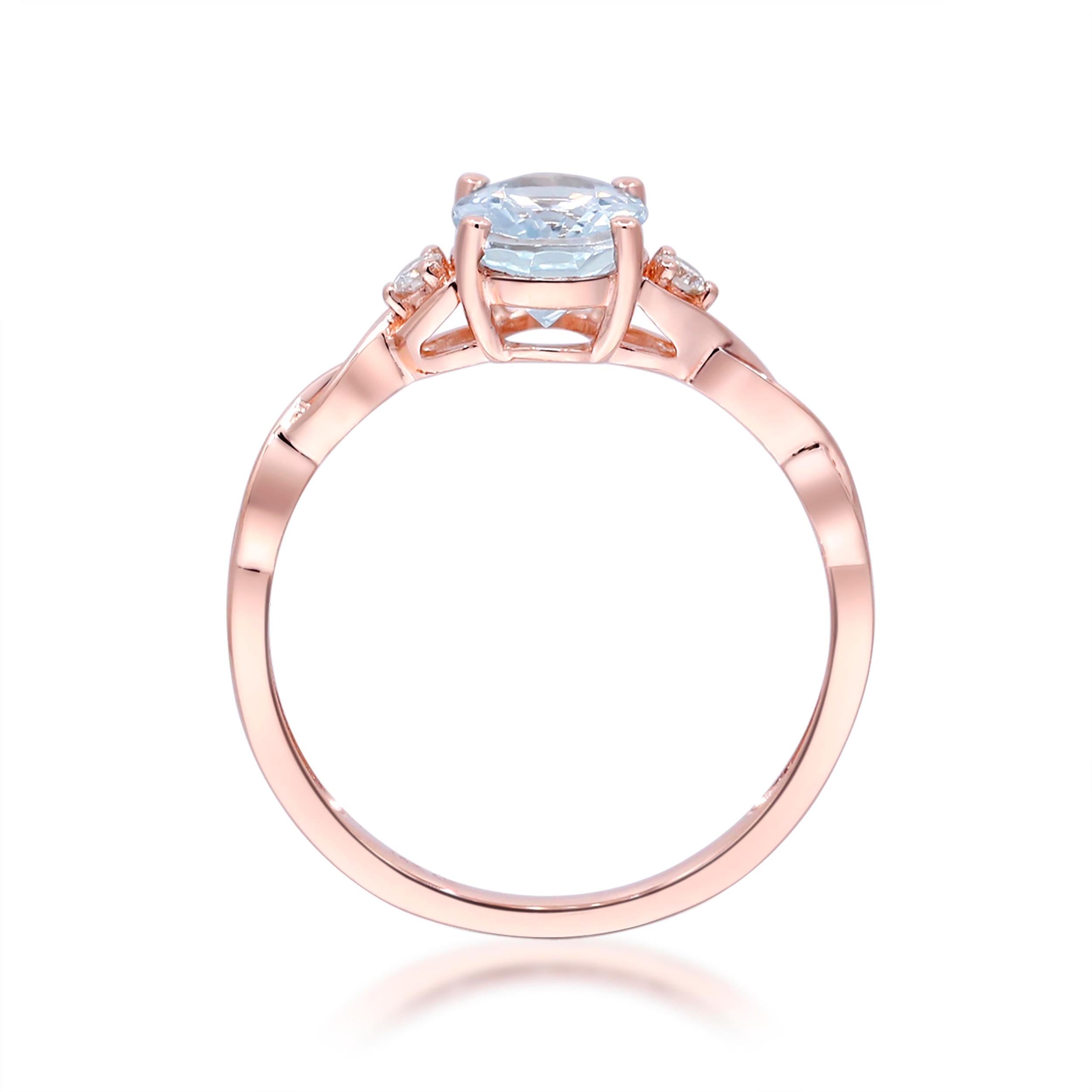 Oval Cut 1.09 Carat Oval-Cut Aquamarine with Diamond Accents 14K Rose Gold Ring For Sale