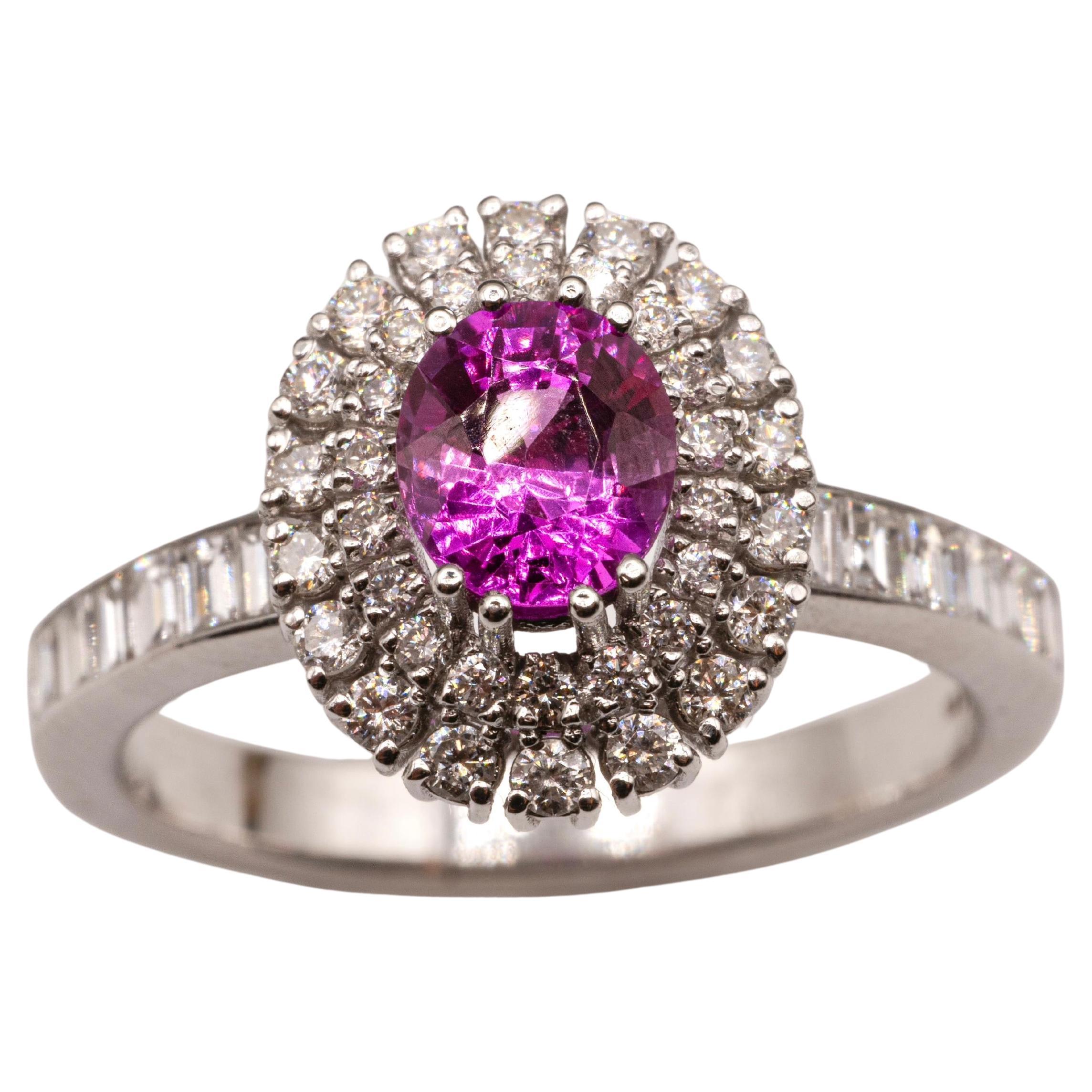 1.09 Carat Pink Sapphire and 0.86 Carat Diamond Halo Ring in 18K White Gold For Sale