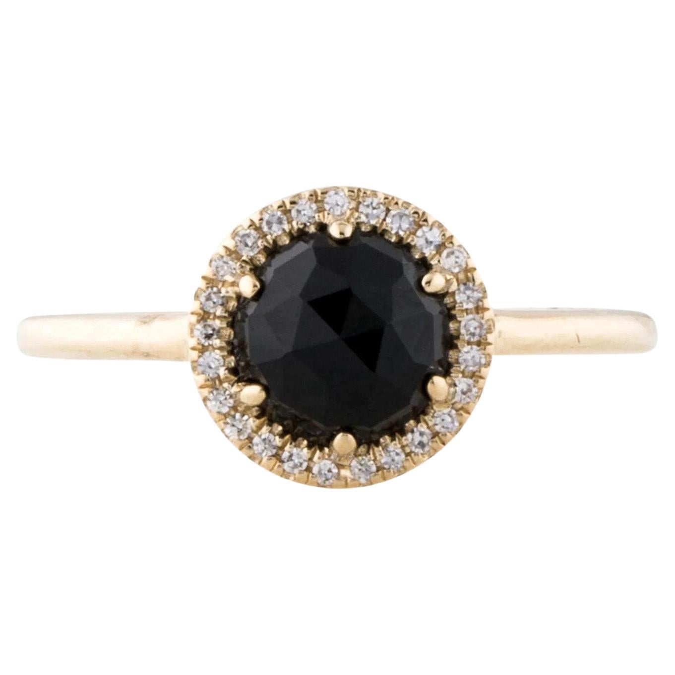 1.09 Carat Round Black Onyx & Diamond Yellow Gold Ring For Sale