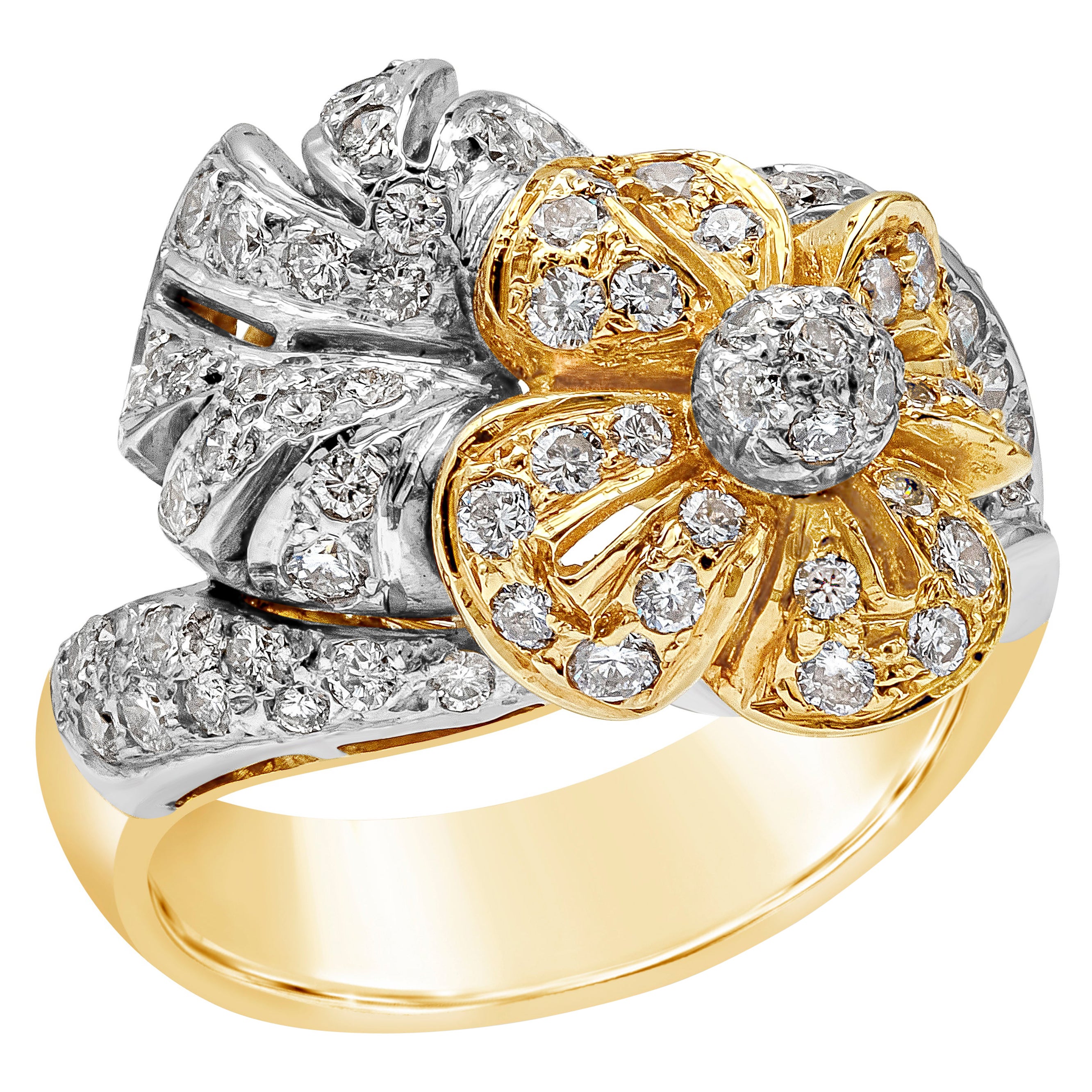 Anello floreale con diamante rotondo taglio Brilliante da 1,09 carati in oro bicolore