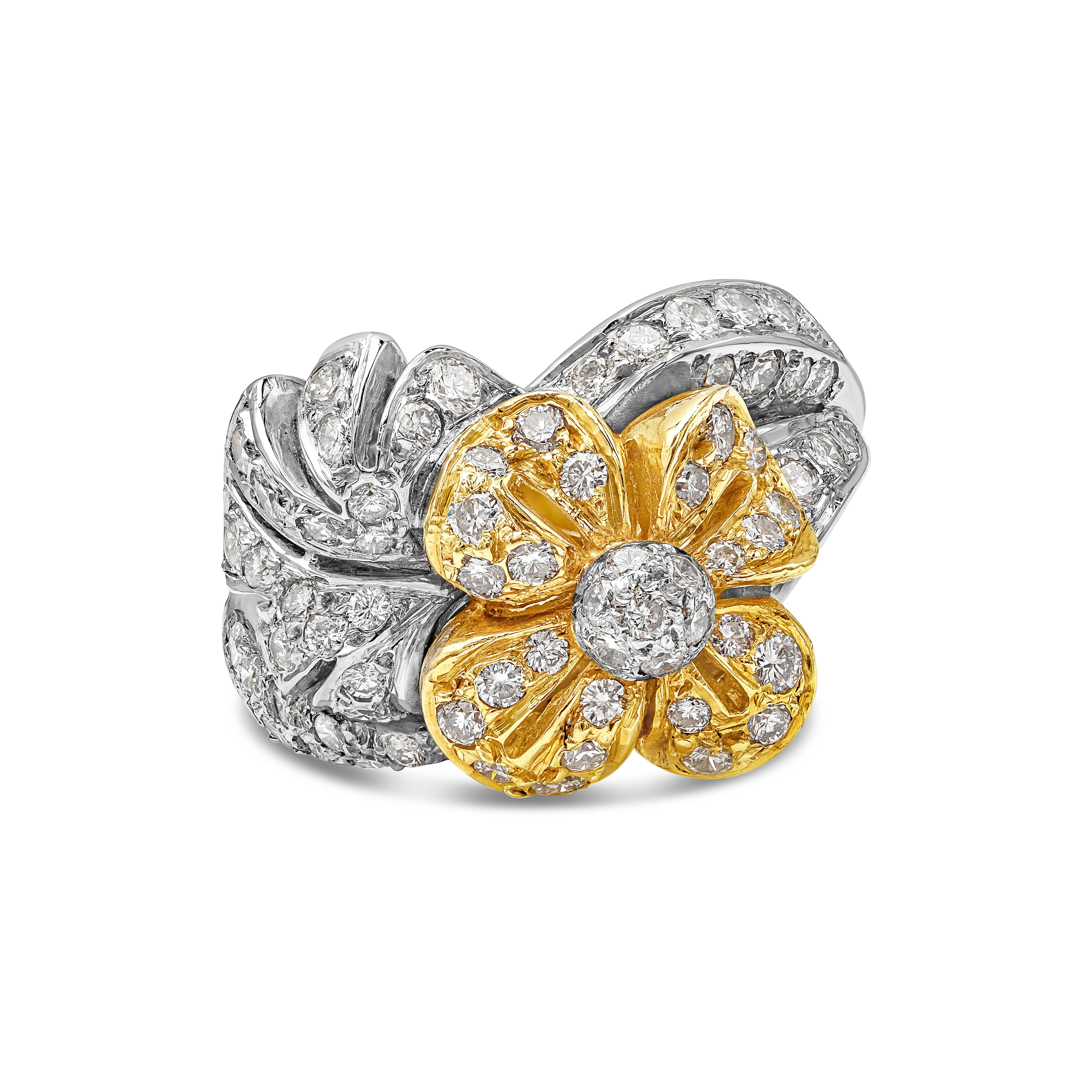 A fashionable ring, showcasing a beautiful floral-motif design with 72 round brilliant cut diamonds weighing 1.09 carats total. Finely set in 18K white and yellow gold. Size 7 US, resizable upon request. 
