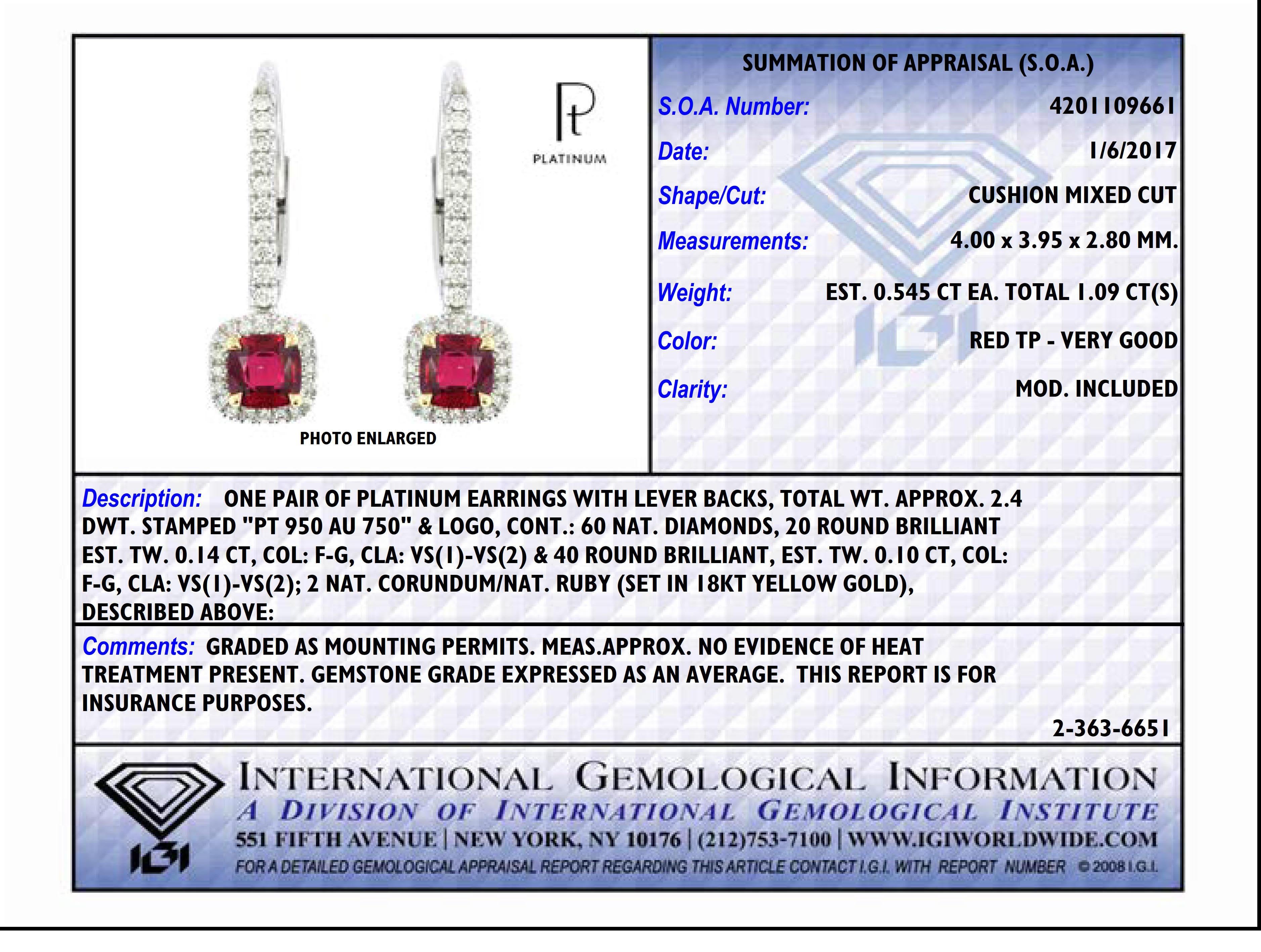 1.09 Carat Ruby and Diamond Halo Drop Earrings In New Condition For Sale In New York, NY