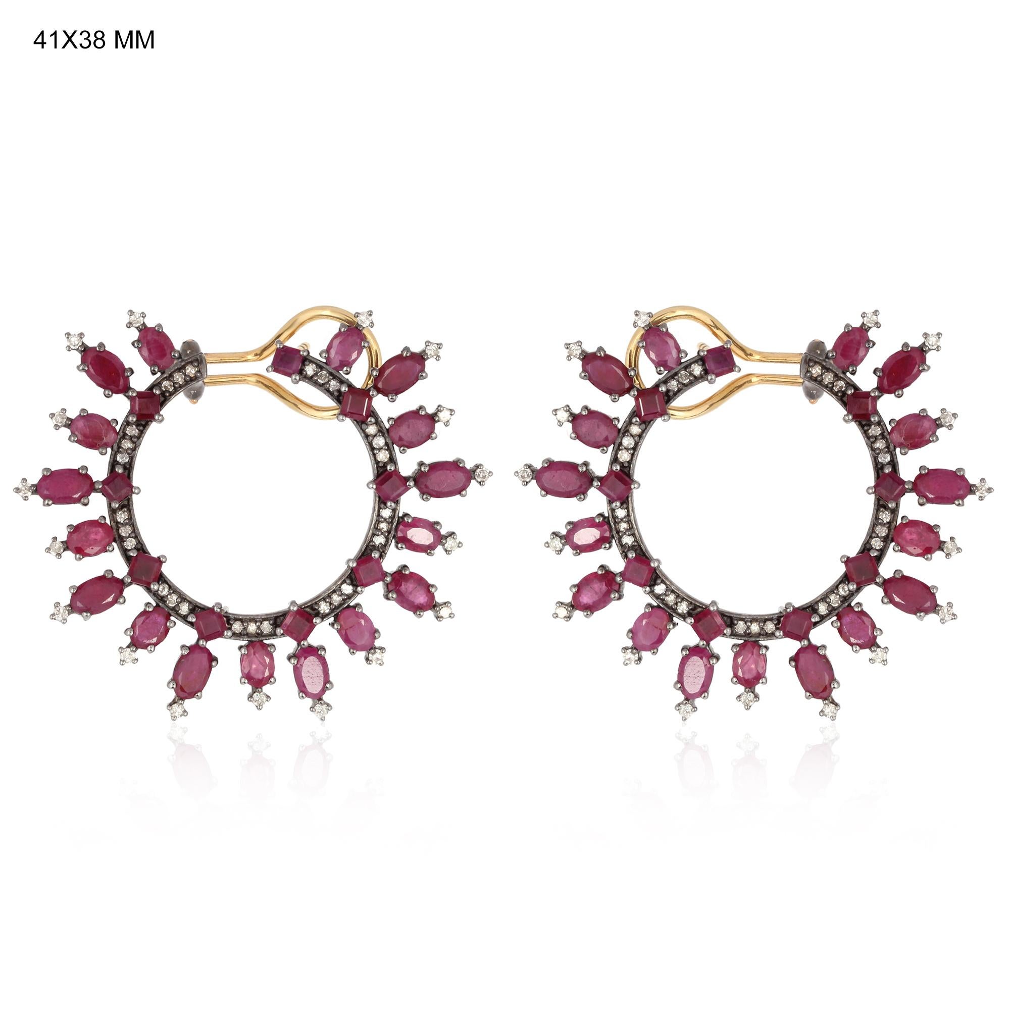 Artisan 10.9 Carat Ruby Hoop Diamond Earrings For Sale