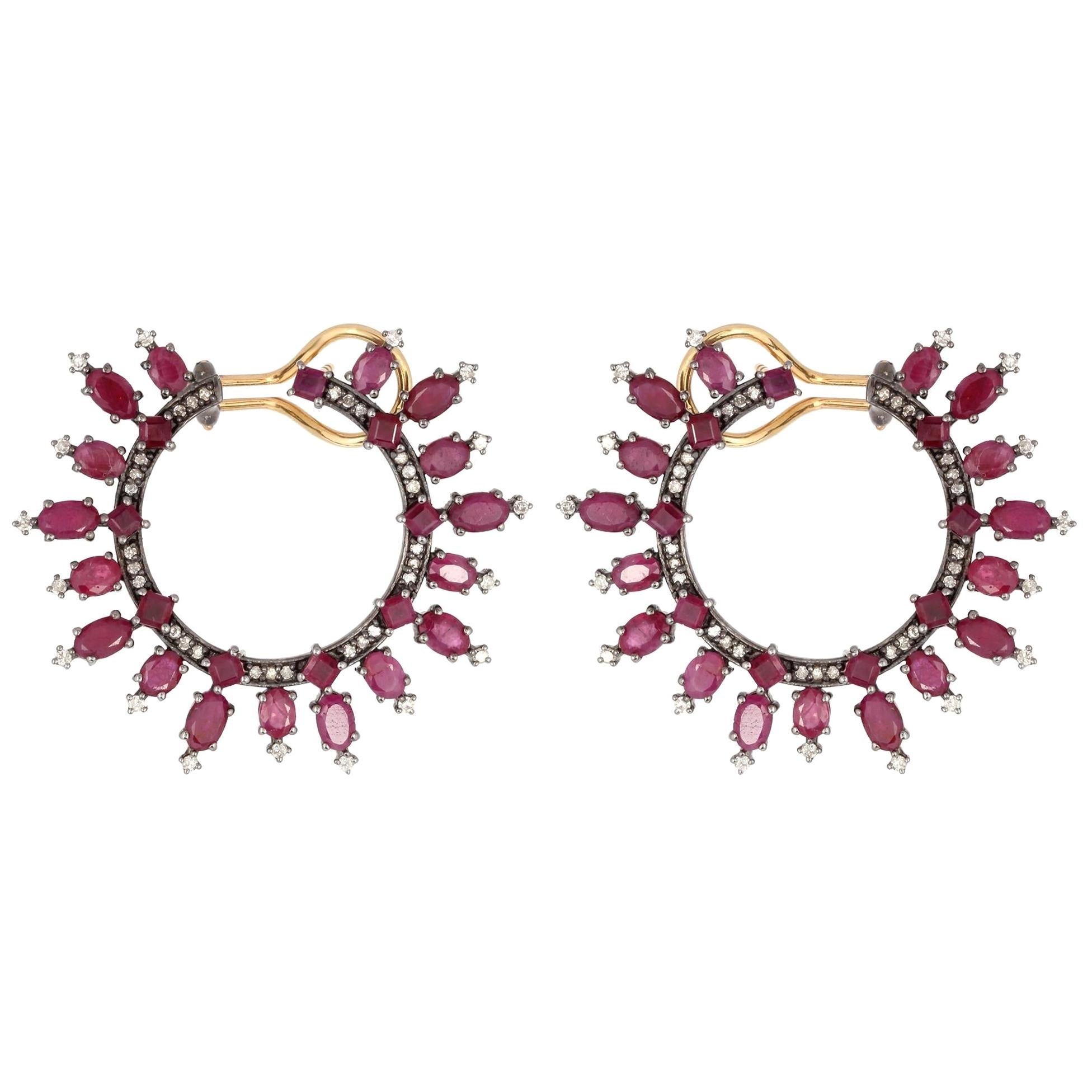 10.9 Carat Ruby Hoop Diamond Earrings For Sale