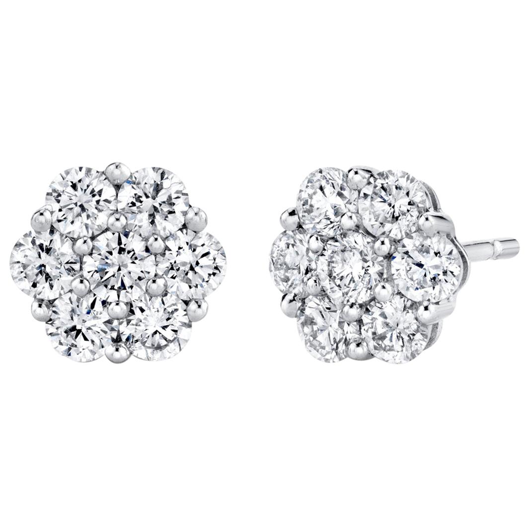 Diamond Floral Cluster Stud Earrings in White Gold, 1.09 Carat Total 