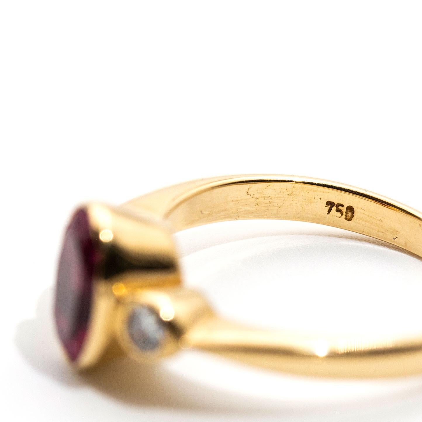Round Cut 1.09 Carat Vivid Pink Tourmaline and Diamond 18 Carat Gold Three-Stone Ring