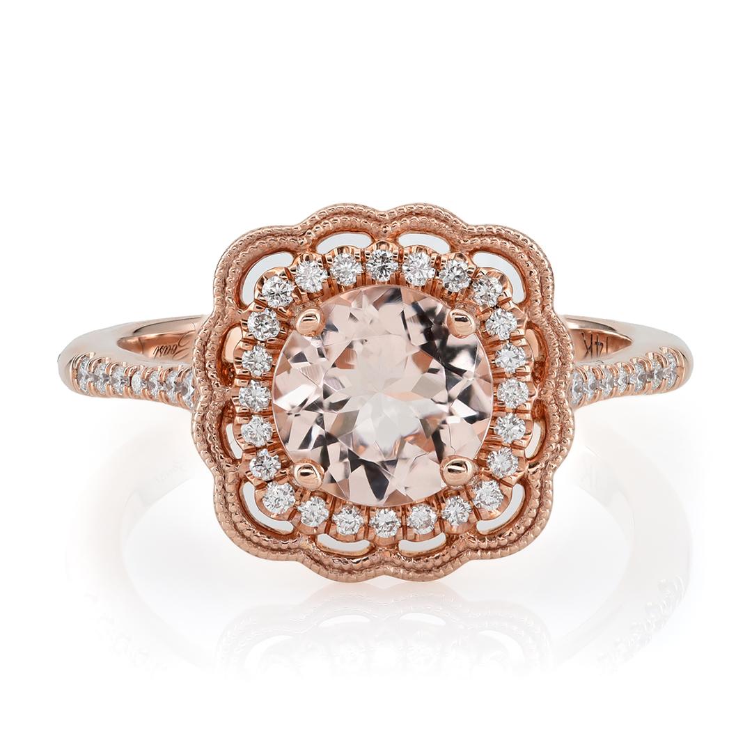 Explore the enchanting allure of this 14K rose gold ring featuring a 1.09 carat cushion-cut natural Morganite adorned with 0.18 carats of sparkling diamonds. The Morganite exhibits a captivating blend of pink and orange hues, creating a unique and