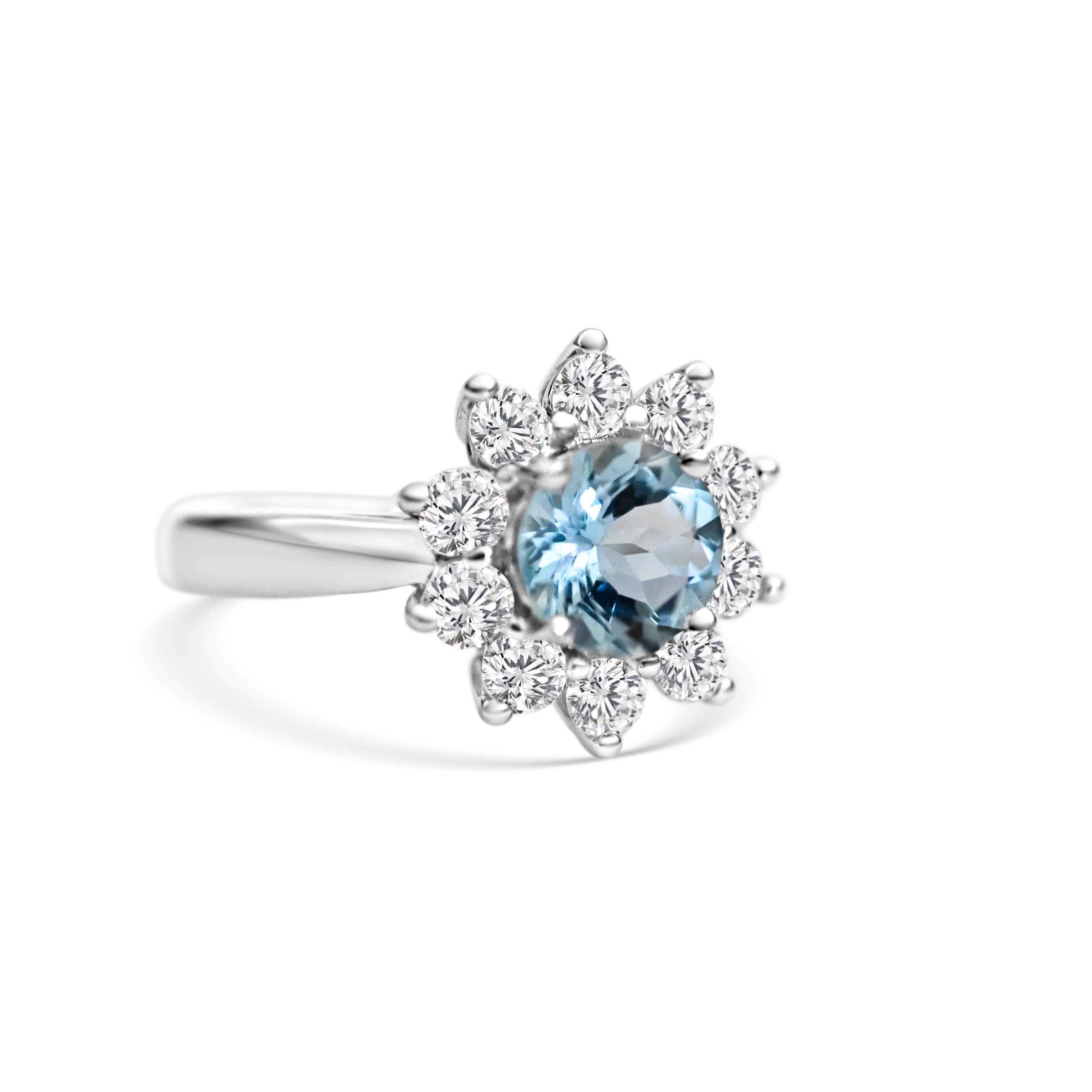 Round Cut 1.09 Ct Aquamarie Ring 925 Sterling Silver Rhodium Plated Bridal Rings For Sale