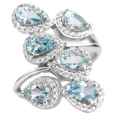 Used 1.09 Ct Aquamarie Ring 925 Sterling Silver Rhodium Plated Cluster Rings