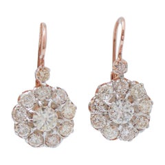 1.09 Ct Central Diamonds, 2.60 Ct Diamonds, Rose Gold and Silver Earrings.