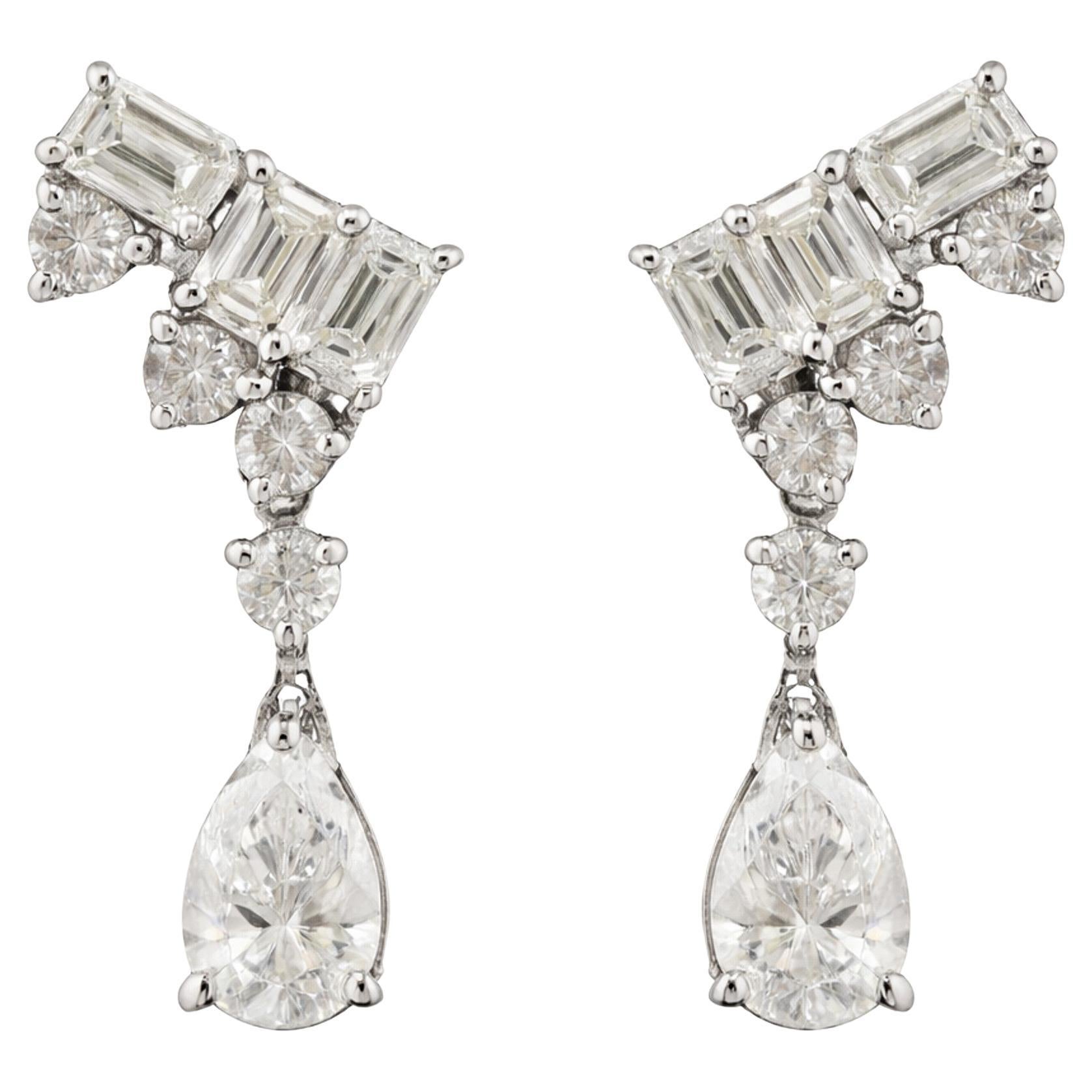 1.09 Ct Emerald Pear Cut Natural Diamond Drop Earrings 14k White Gold