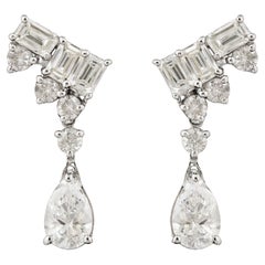 1.09 Ct Emerald Pear Cut Natural Diamond Drop Earrings 14k White Gold