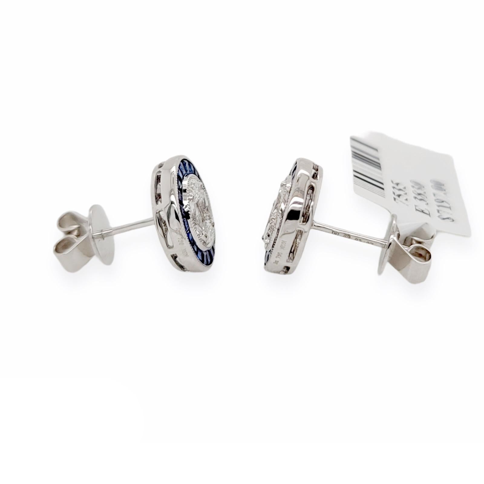 1.09 CT Natural Blue Sapphire & 0.89 CT Diamonds18K White Gold Stud Earrings In Excellent Condition For Sale In Los Angeles, CA