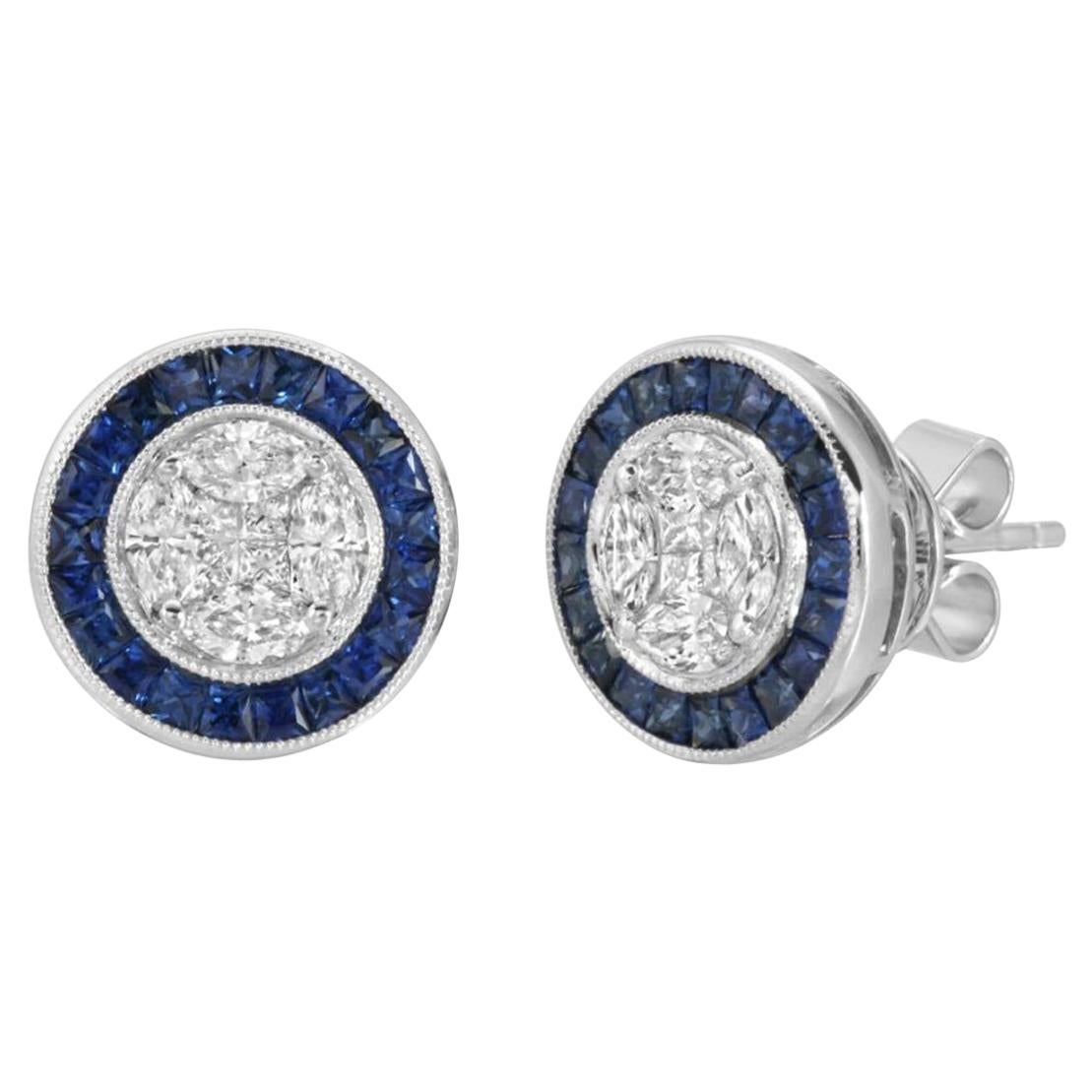 1.09 CT Natural Blue Sapphire & 0.89 CT Diamonds18K White Gold Stud Earrings For Sale