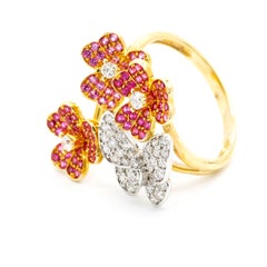 1.09 Ct Pink Sapphire 0.63 Carat Diamond 14k Yellow Gold Flower Butterfly Ring