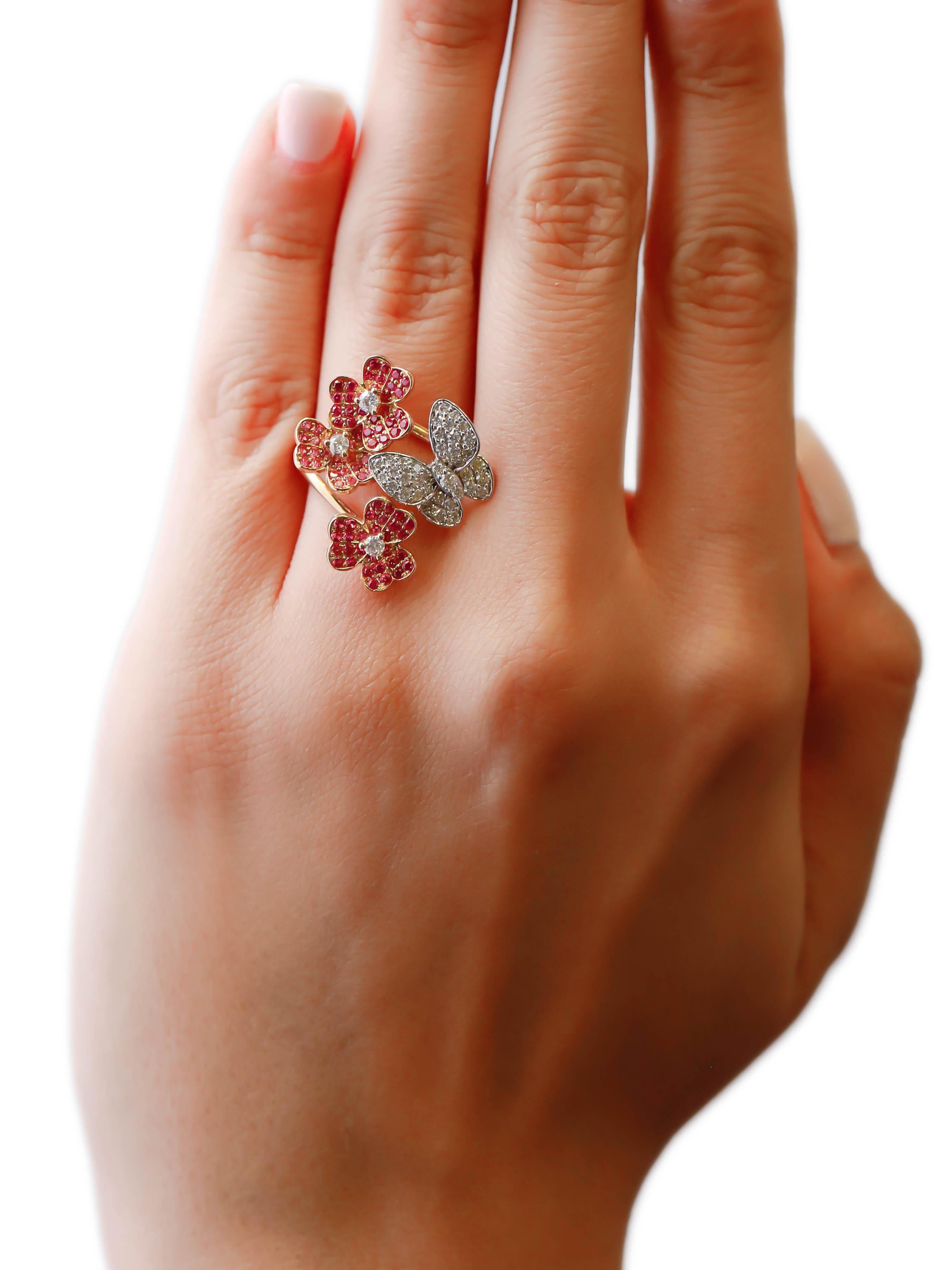 1,39 Karat Rosa Saphir 0,63 Karat Diamant 14k Gelbgold Schmetterlingsring (Rundschliff) im Angebot