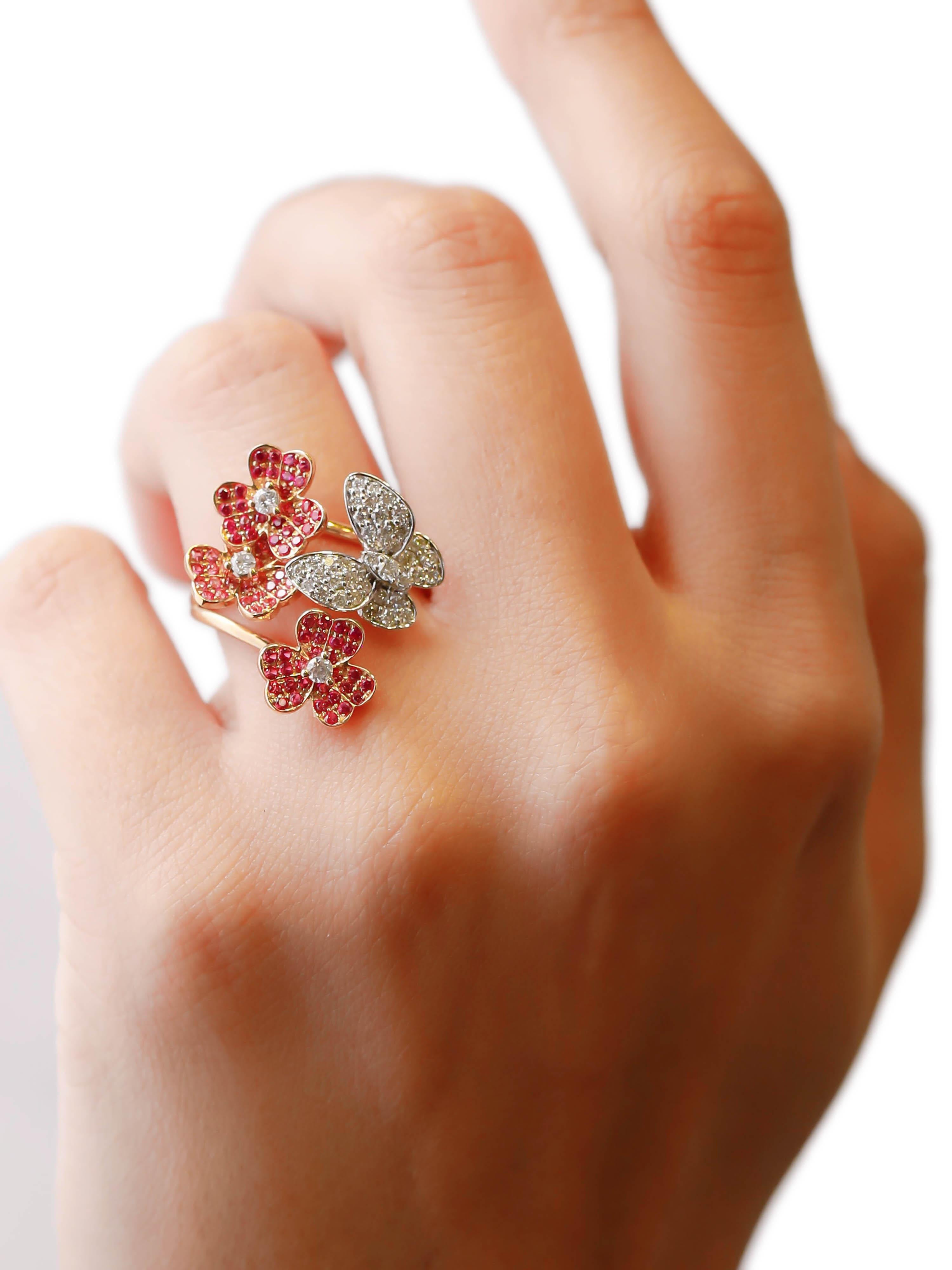 1,39 Karat Rosa Saphir 0,63 Karat Diamant 14k Gelbgold Schmetterlingsring im Zustand „Neu“ im Angebot in New York, NY