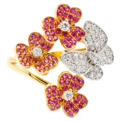 1.09 Ct Pink Sapphire 0.63 Carat Diamond 14k Yellow Gold Flower Butterfly Ring