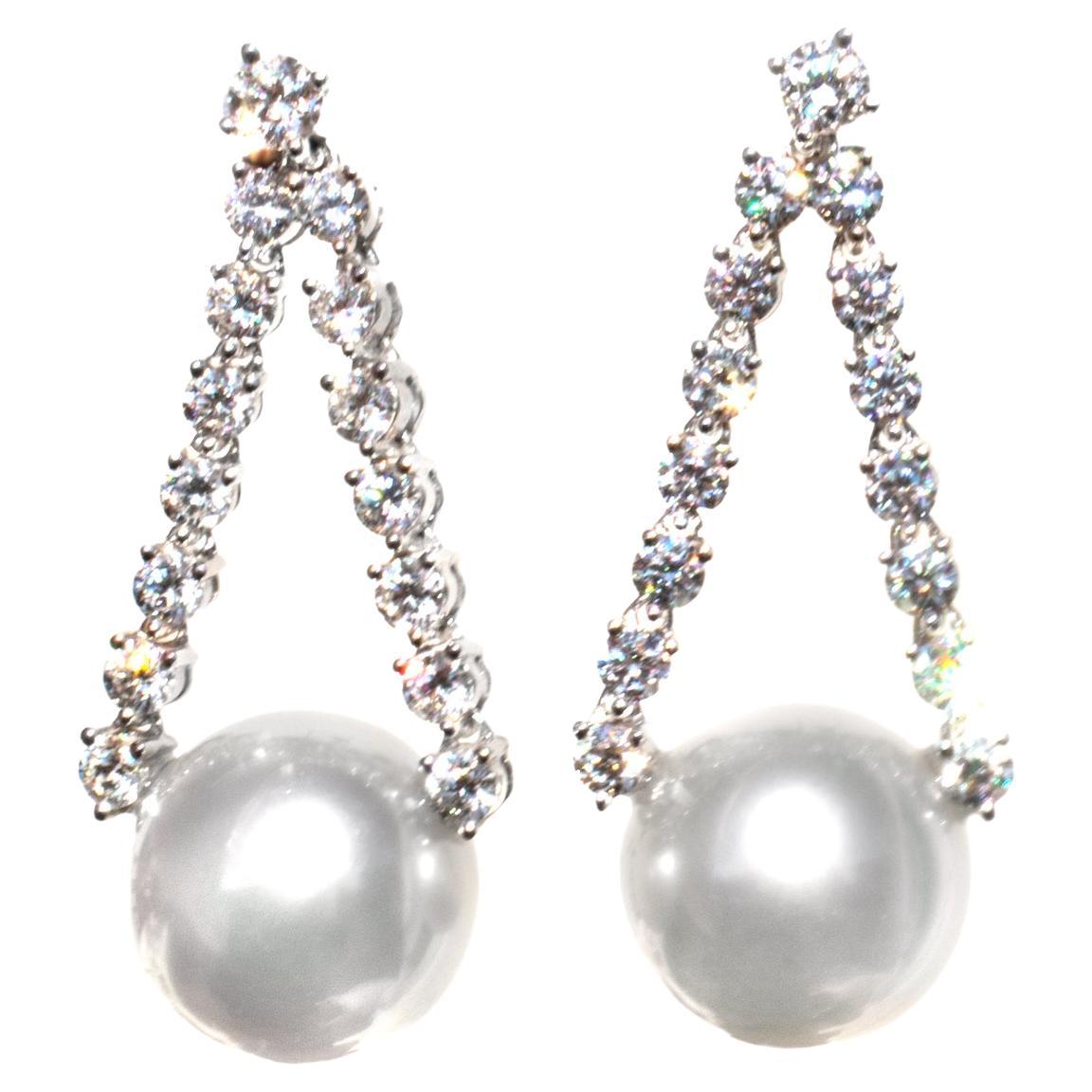 Cultured South Seas Pearl & Diamond Earrings For Sale