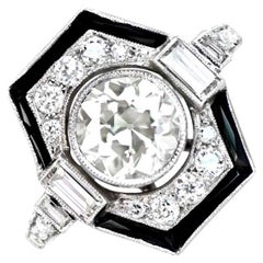 1.09 Old Euro-Cut Diamond Engagement Ring, VS1 Clarity, Diamond and Onyx Halo