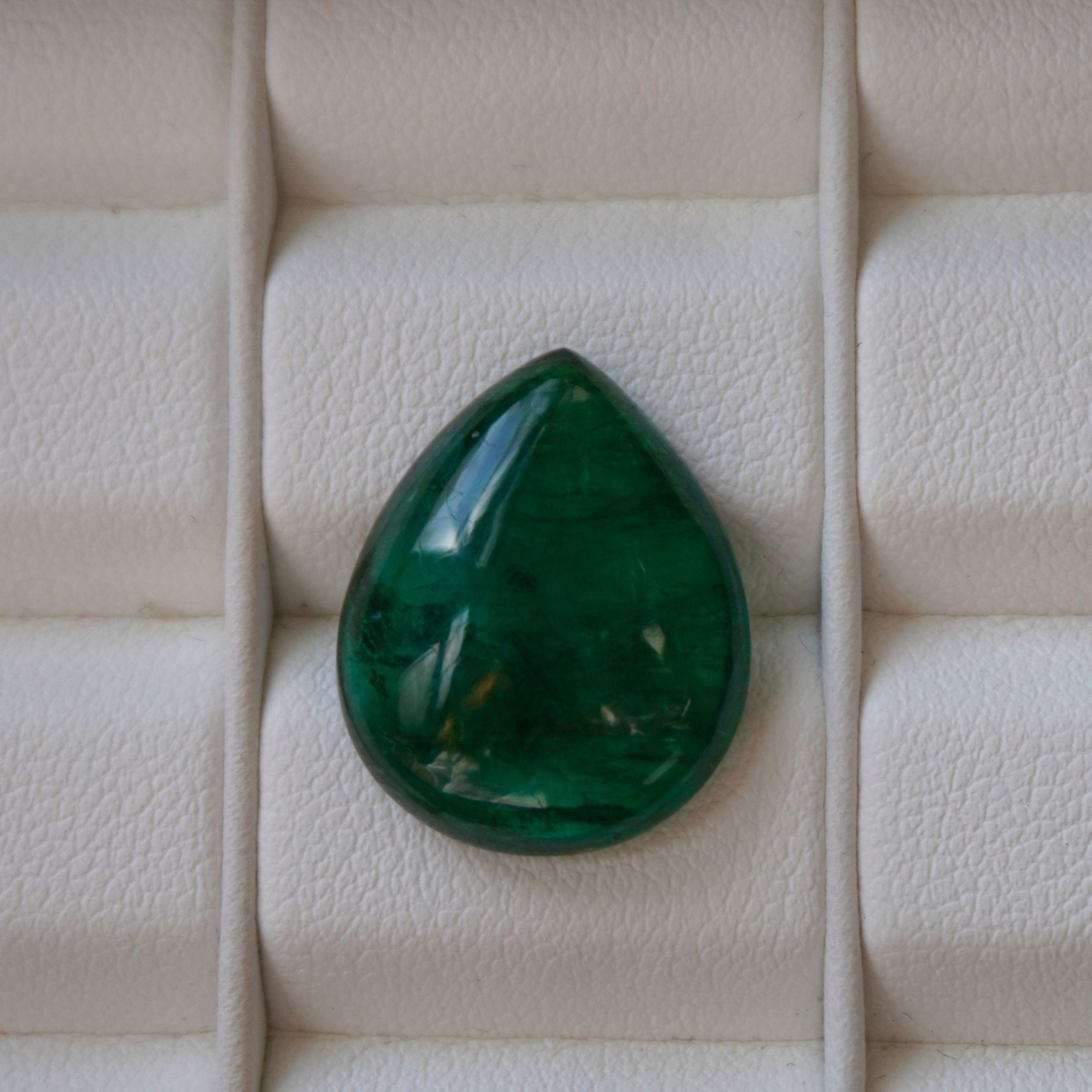 DETAILS
Emerald Weight: 10.90 CT
Measurements: 18.9 x 15.3 mm
Shape: Pear Cabochon
Color: Green
Hardness: 7.5 - 8
Birthstone: May
Natural

WANT TO CUSTOM ORDER?
We customize high jewelry made with quality gemstones and diamonds. Please allow custom