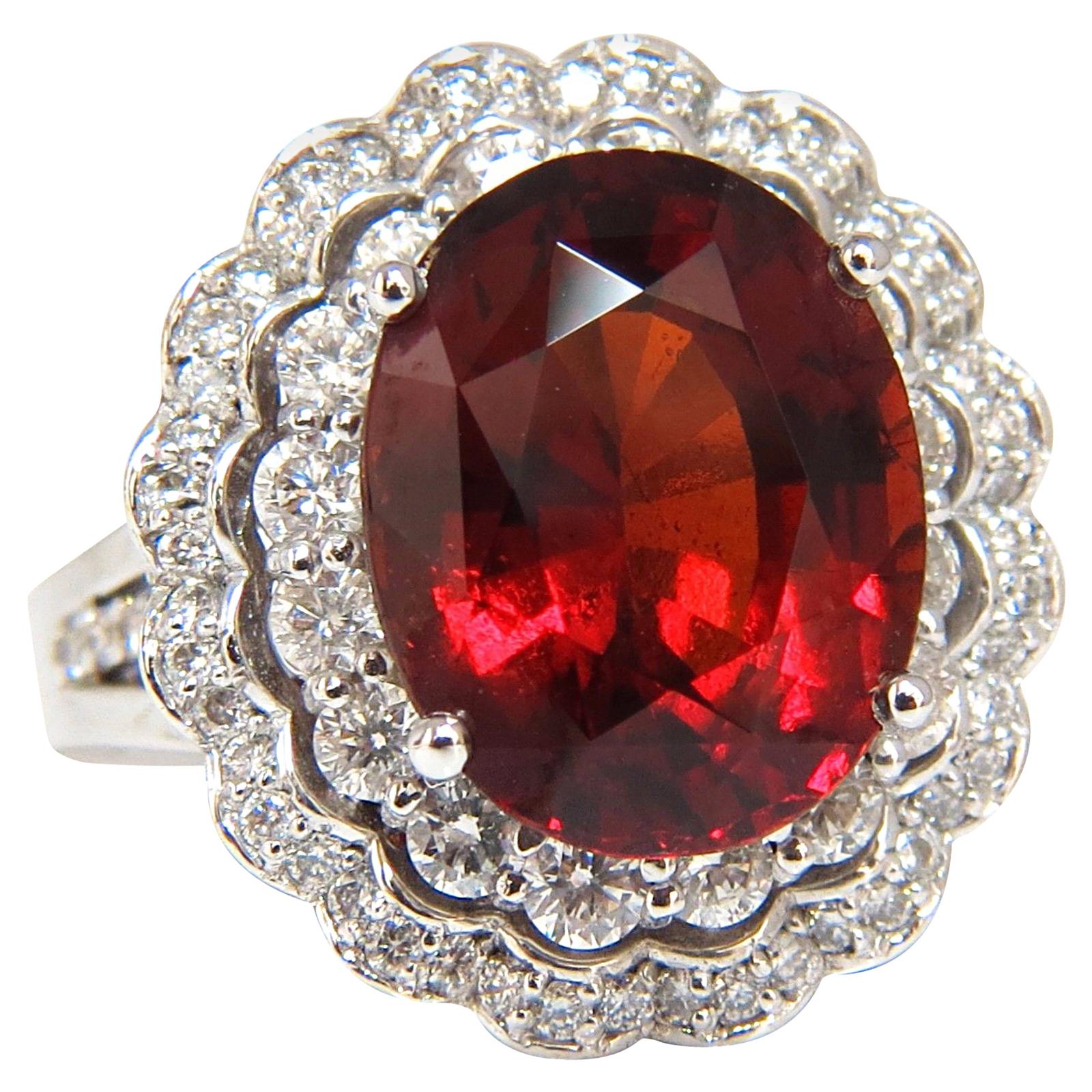 10.90 Carat Natural Hessonite Garnet Diamonds Ring 14 Karat Double Halo For Sale