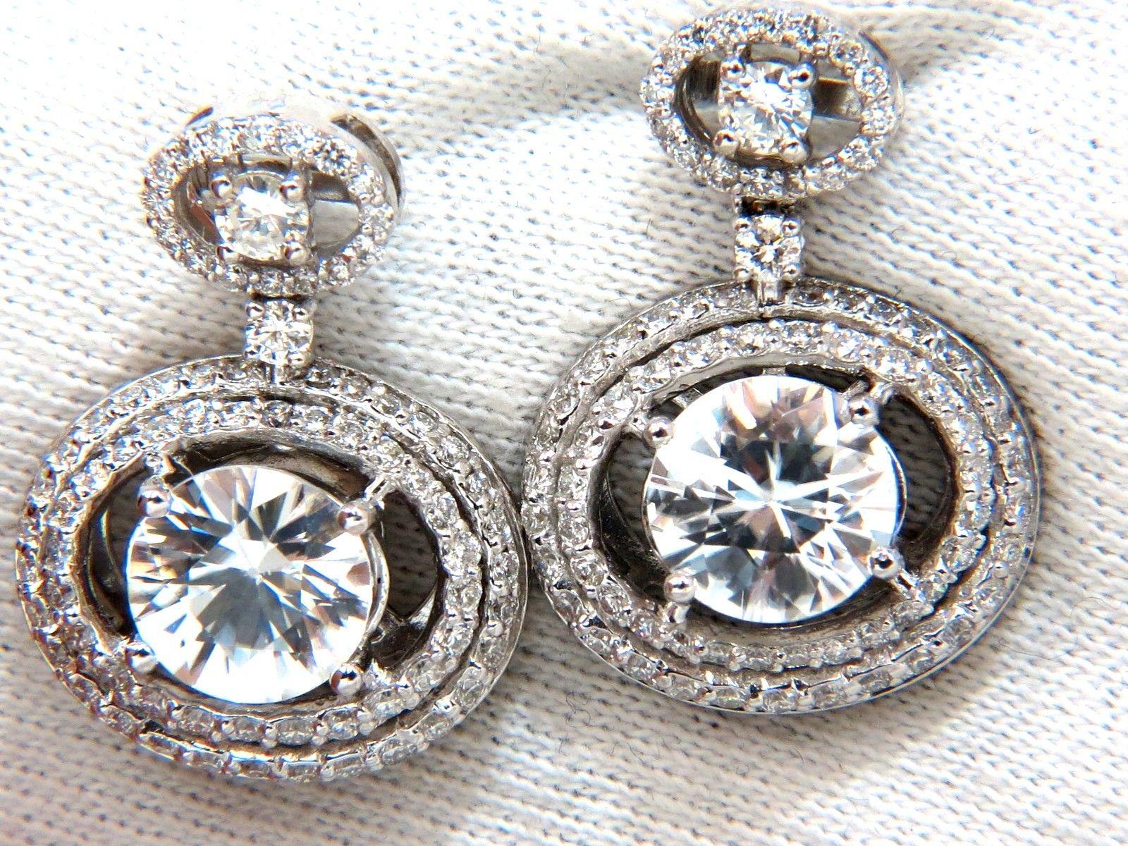 Round Cut 10.90 Carat Natural Zircon Diamonds Dangle Drop Earrings 14 Karat For Sale