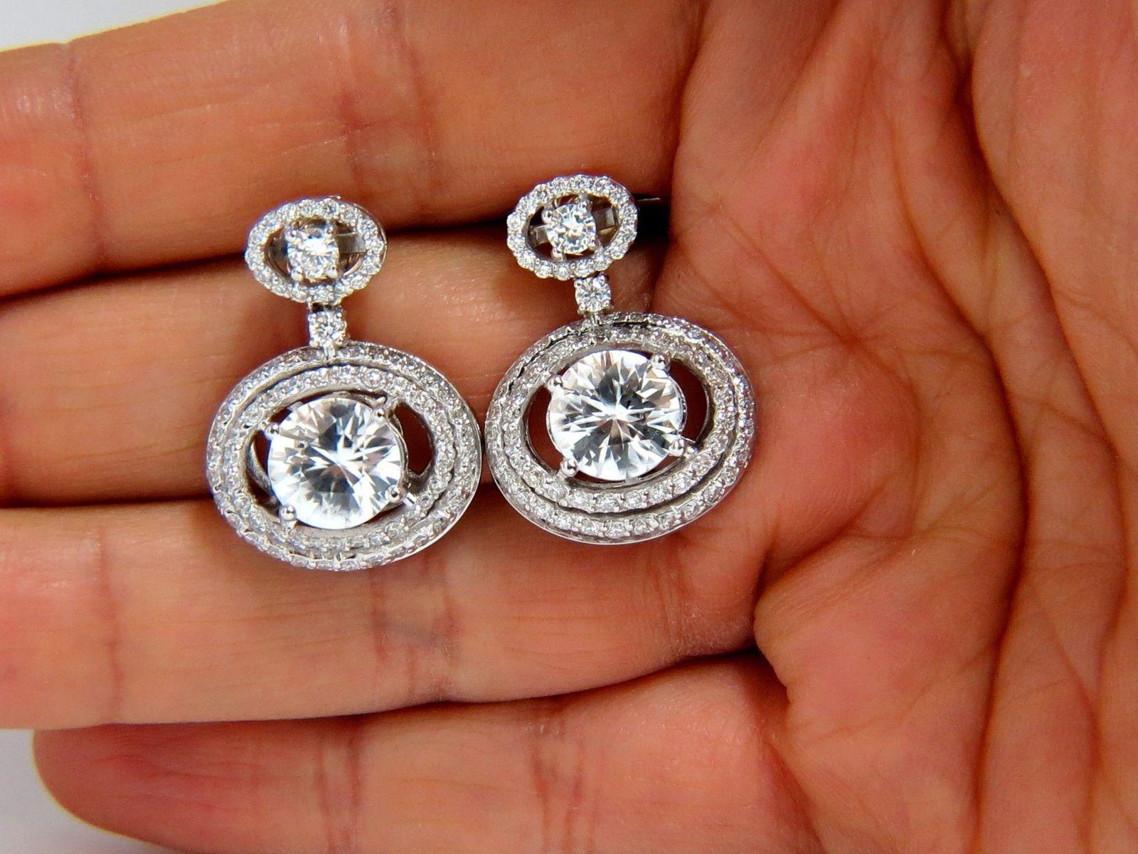 Women's or Men's 10.90 Carat Natural Zircon Diamonds Dangle Drop Earrings 14 Karat For Sale
