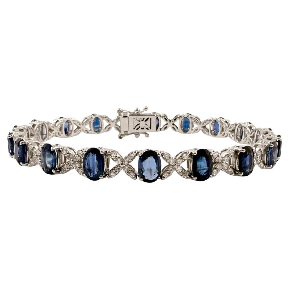 10.90 Carat Sapphire and Diamond Tennis Bracelet, Oval and Round