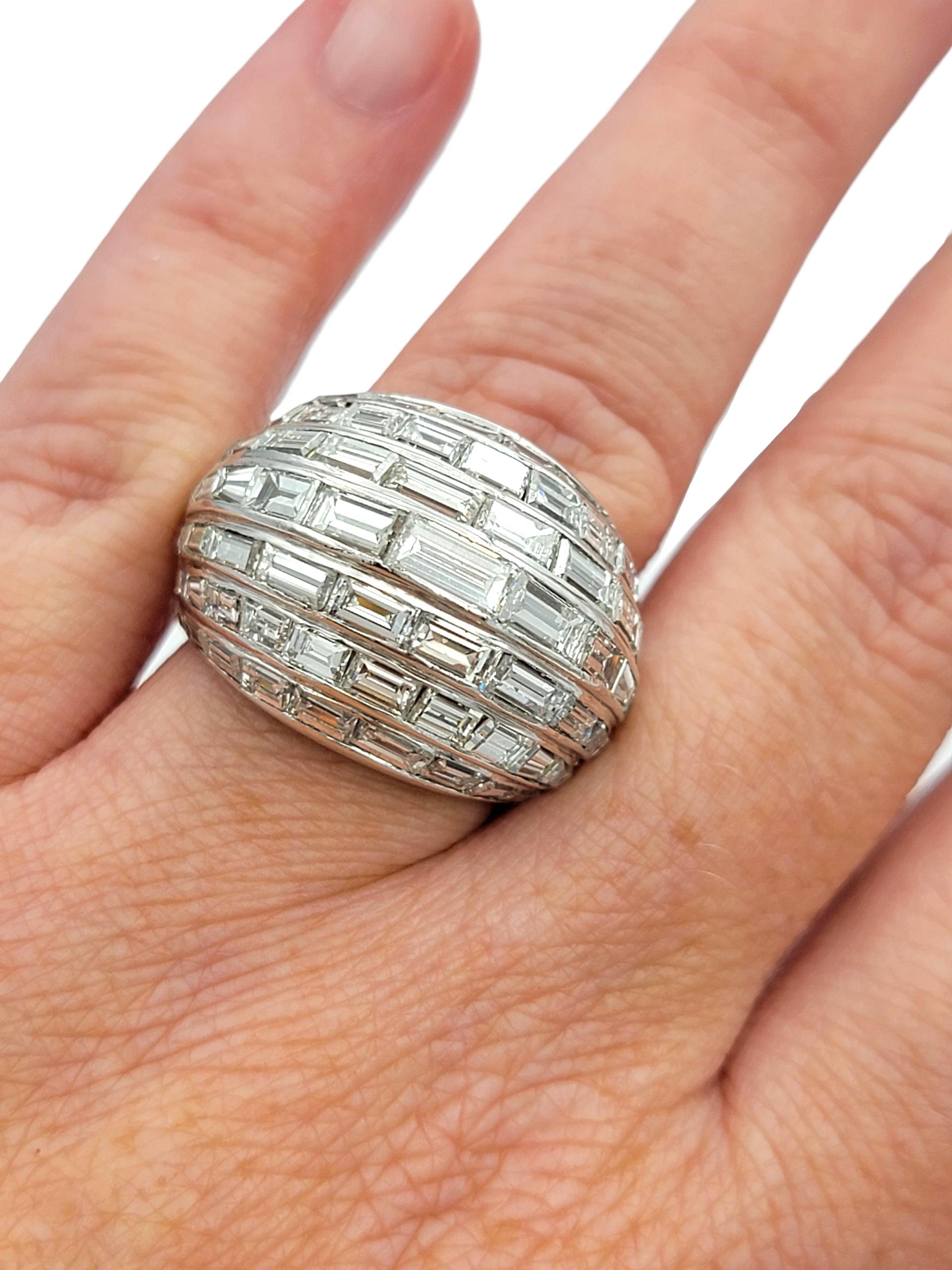 10.90 Carat Total Baguette Cut Diamond Multi Row Domed Cocktail Ring in Platinum en vente 3