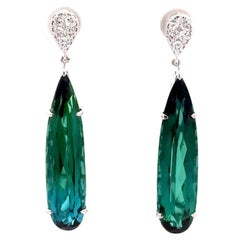 10.90 Carats Indicolite Tourmaline Diamond 14k White Gold Drop Dangle Earrings
