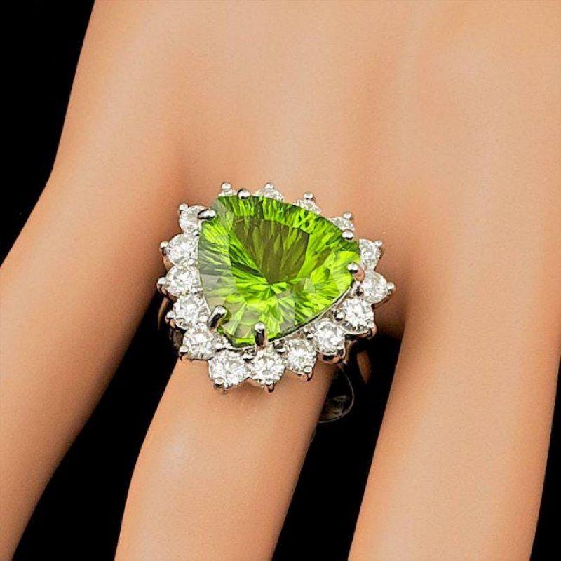 Mixed Cut 10.90 Carats Natural Peridot and Diamond 14K Solid White Gold Ring For Sale