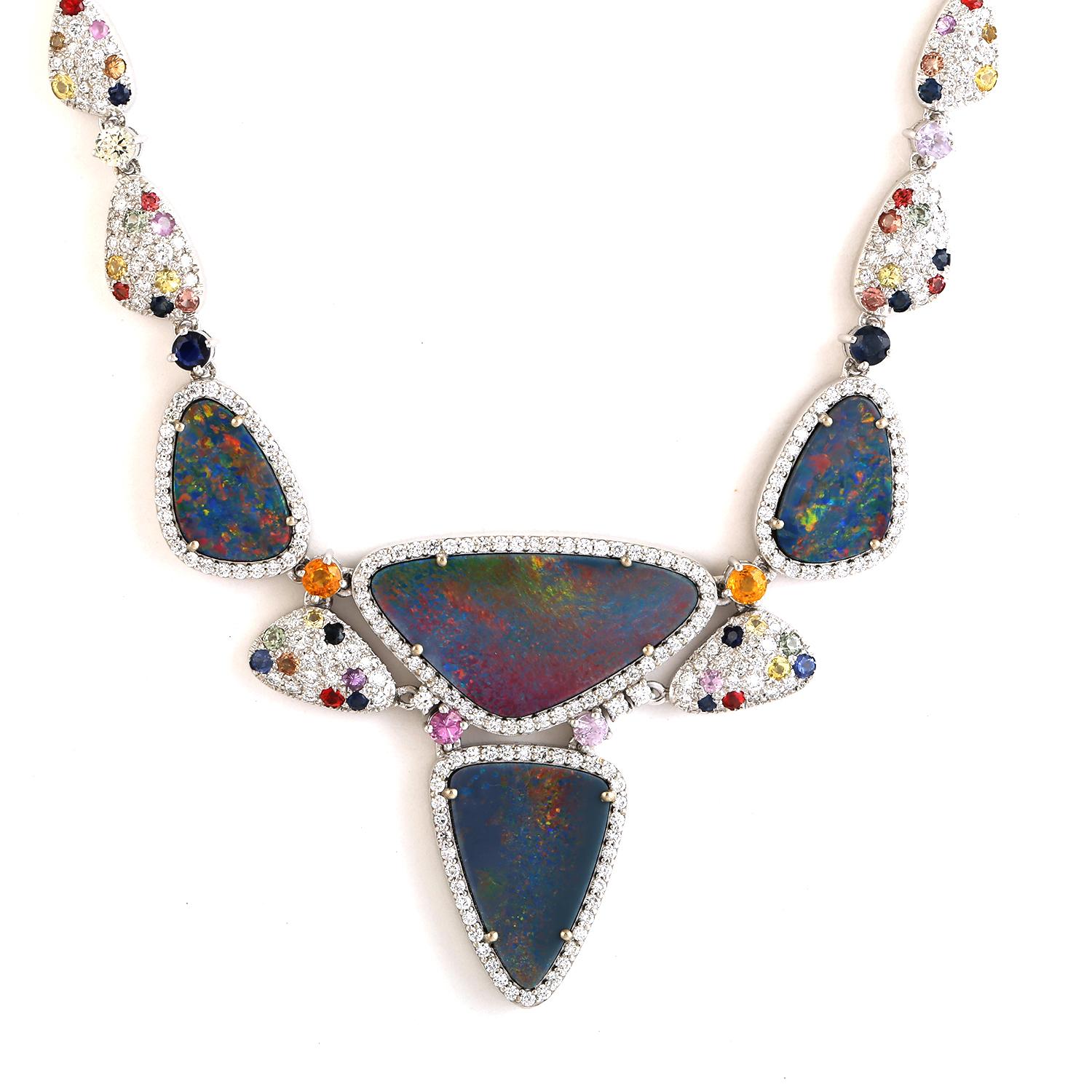 Contemporary 10.90 Ethiopian Opal Necklace With Multi Sapphire & Diamonds In 18k White Gold For Sale